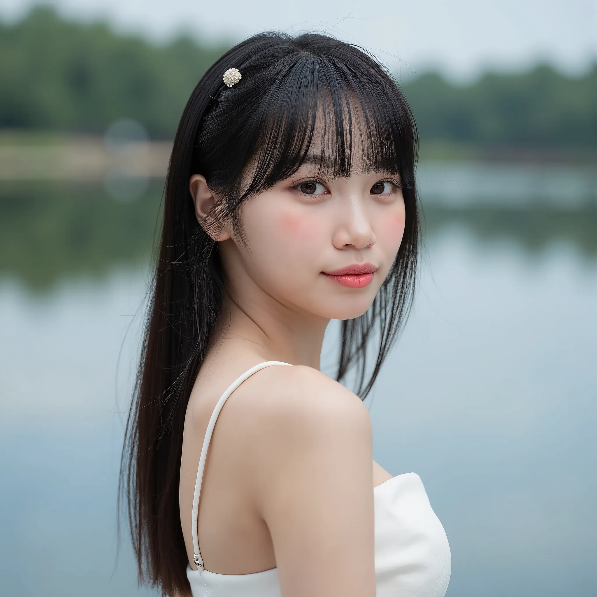 Beautiful 28-year-old korean with long hair and medium-sized breasts naked at a lake,  showing the chest side 