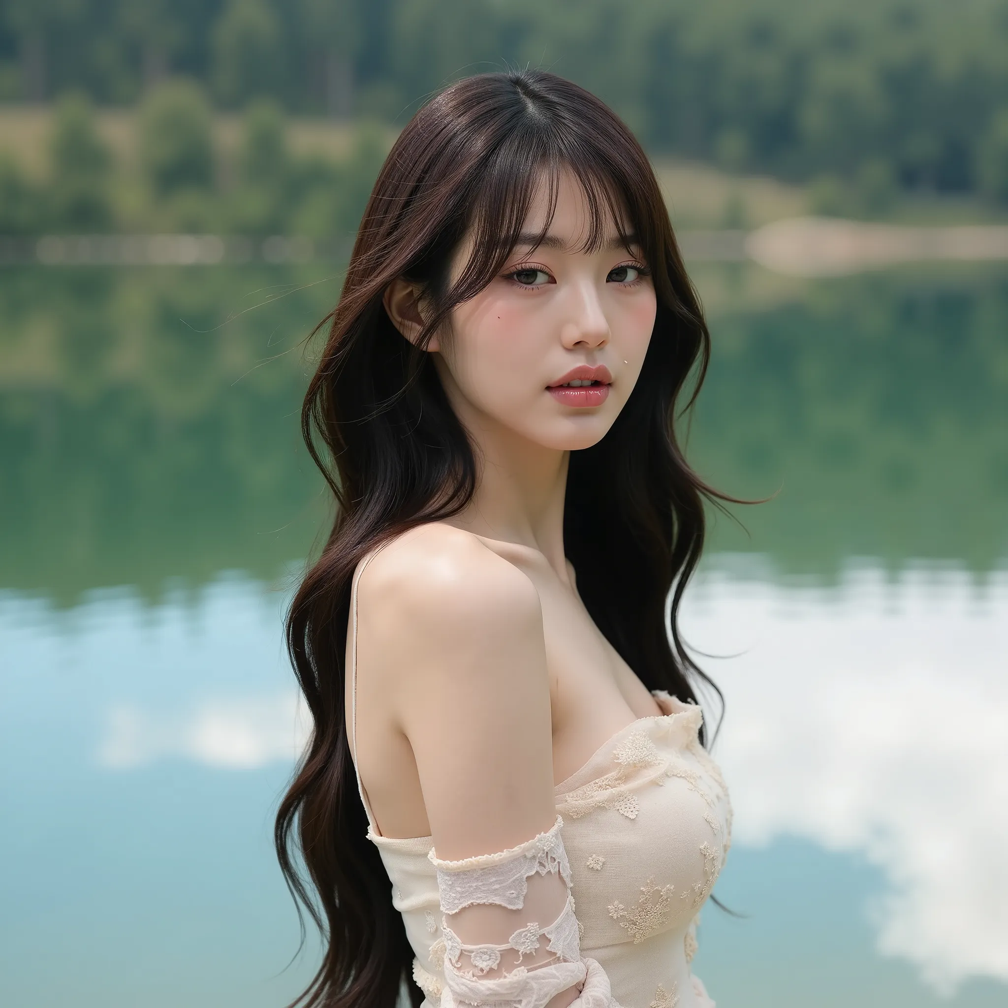 Beautiful 28-year-old korean with long hair and medium-sized breasts naked at a lake,  showing the chest side 