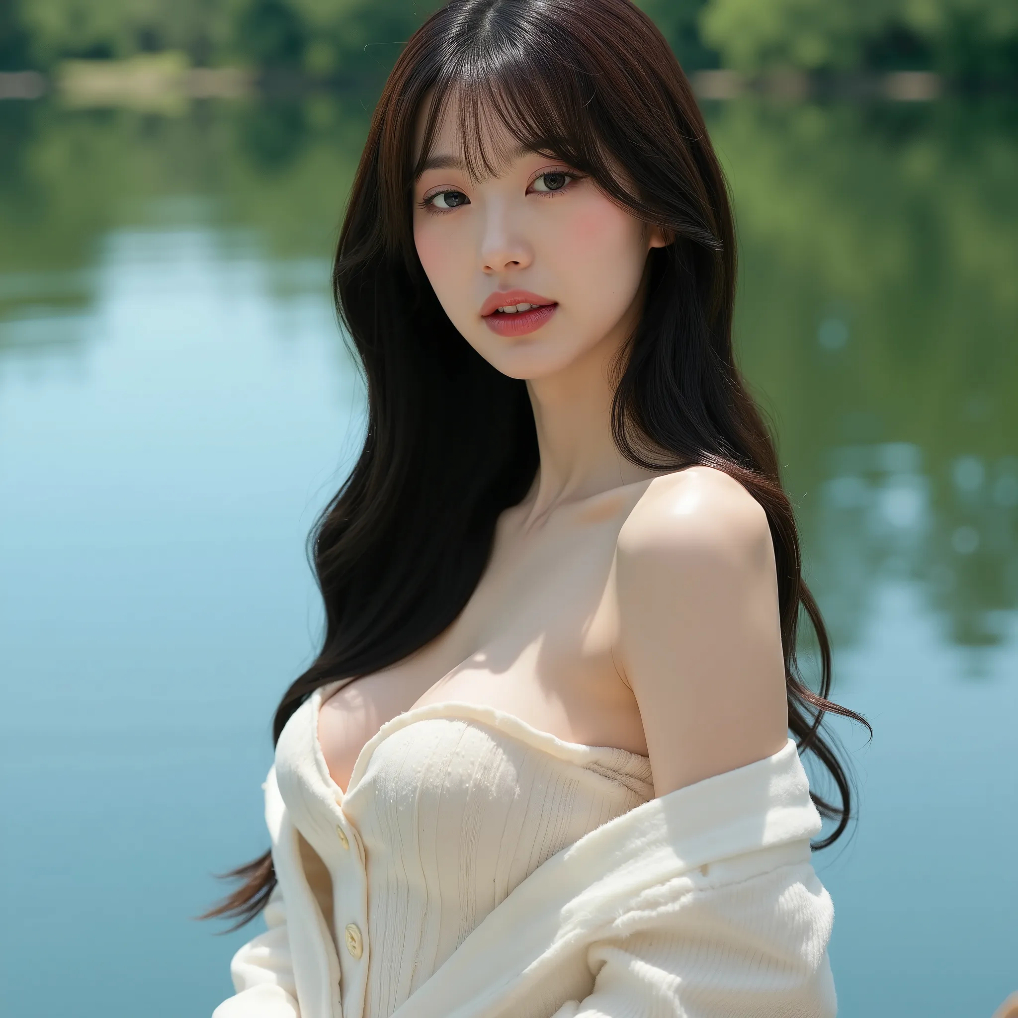 Beautiful 28-year-old korean with long hair and medium-sized breasts naked at a lake,  showing the chest side 
