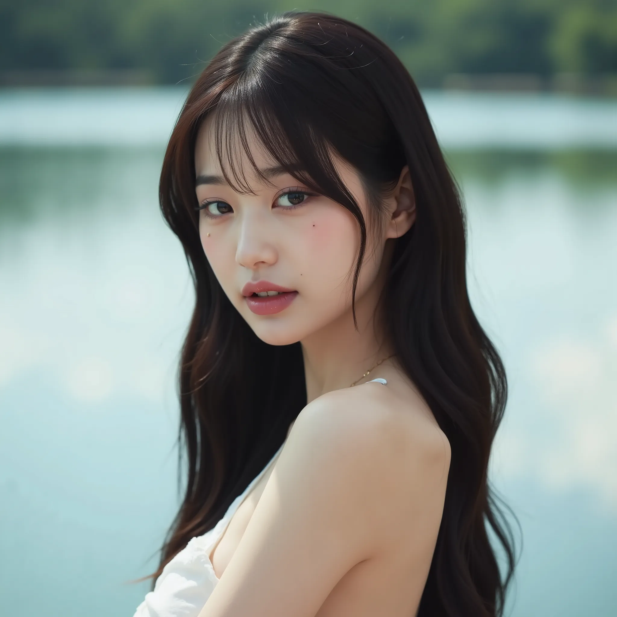 Beautiful 28-year-old korean with long hair and medium-sized breasts naked at a lake,  showing the chest side 