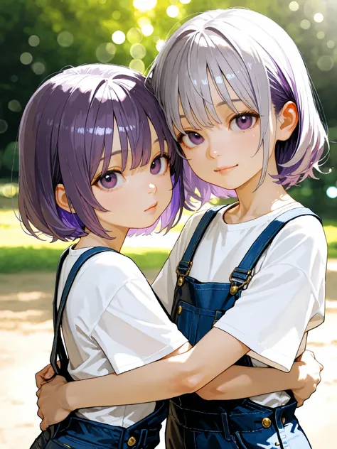 short girl, Sisters Girls,is young, flat chested,realisticな外観, big purple eyes, Two-tone purple hair and gray hair、white shirt、overalls with tools、 back hugging、Outdoors、細部にこだわったrealisticな影、movie stills, real、Highest Quality, realistic, 4K Rendering, ultra...