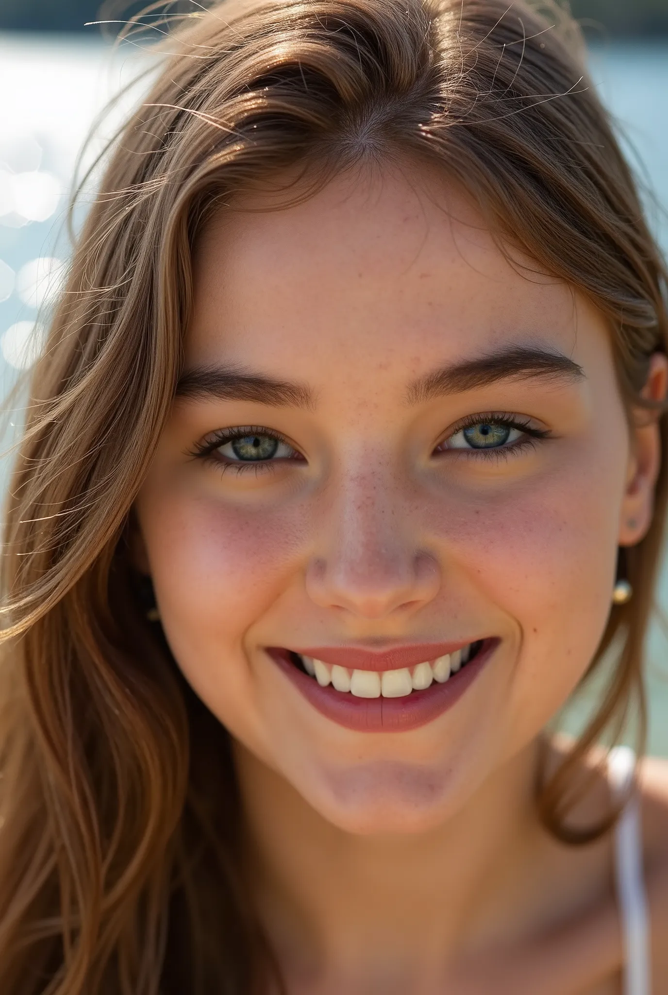 Photograph, extreme close up of face, A beautiful woman with fair complexion and light skin, with blue eyes and long wavy brown hair, big smile. background of a lakeside