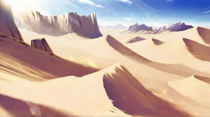 Dry Desert、Under the intense sunlight、Desert Scenery Desert、Strong sunlight、Drying、hot、 vast scenery 、breeze、Sand Dunes、Rocky Mountain、 oasis、mirage、Horizon Continuing to Horizon、4K、HDR、Extreme Details、Delicate Shading、high contrast、