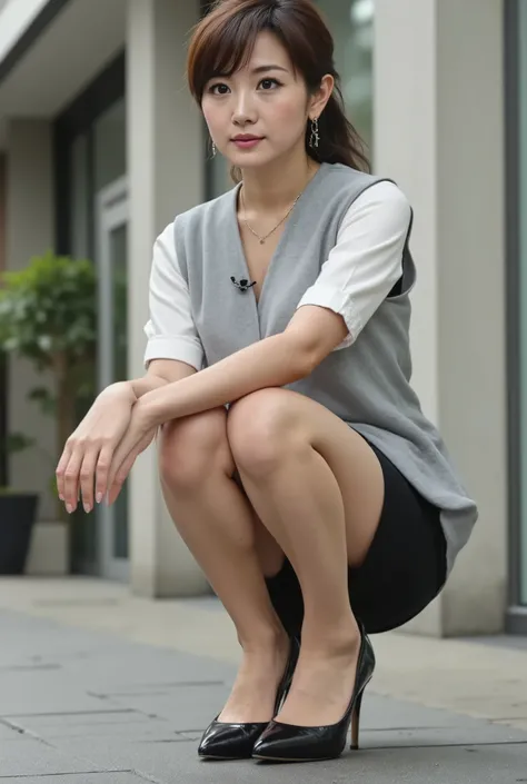 （8k， ， super realistic ：1.2）， （  Highest Quality  ： 1.2），
ultra-low angle shot from close to the ground,Office Lady, （  Highest Quality：1.3）， （  Rystic  ：1.2）， her whole body is reflected from her feet ,  female，The hair is longer than the shoulders and ti...