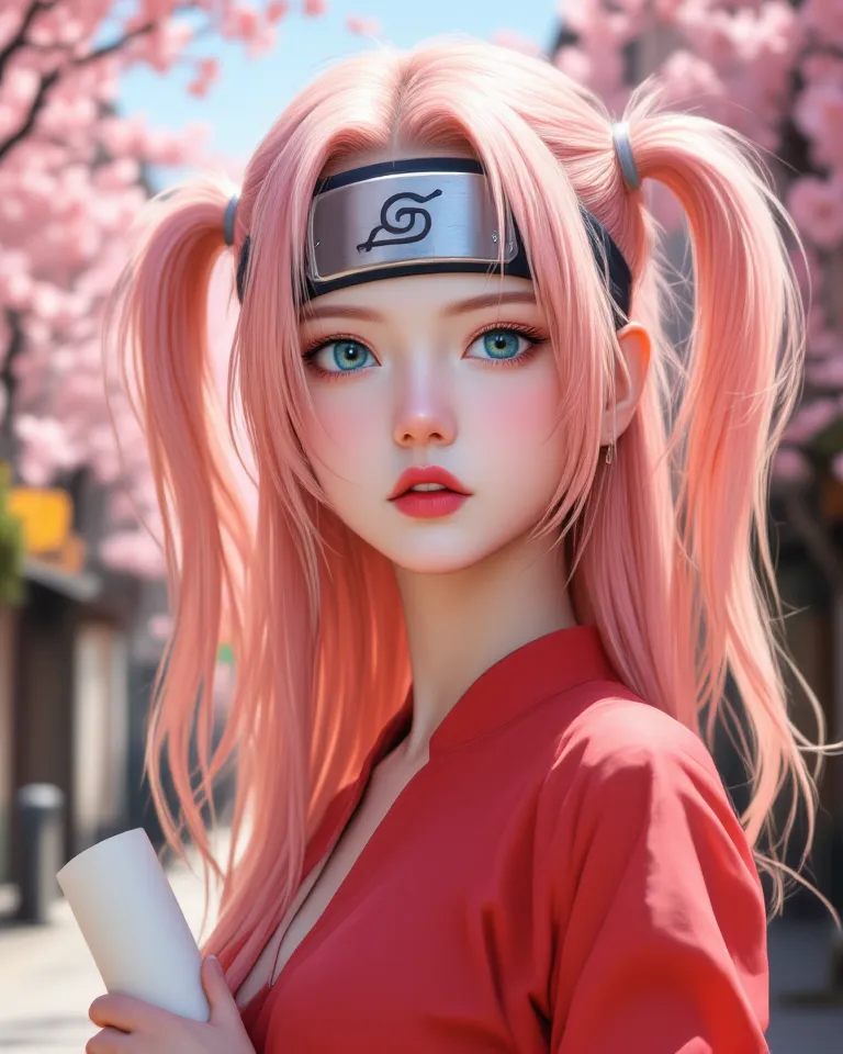 A highly detailed realistic scene of Sakura Haruno, long pink hair with a natural sheen and soft waves, pale skin with gentle shading, wearing a red dress with realistic fabric folds and a Konoha headband around her forehead with a clearly visible metal plate, standing confidently yet shyly in a sunny Konoha street lined with cherry blossoms. Her large expressive green eyes sparkle with determination and a hint of blush, holding a medical scroll gently, vibrant yet natural lighting, ultra-detailed, realistic style with balanced proportions, soft shading, high resolution, dreamy bokeh background, pastel colors, cinematic composition
