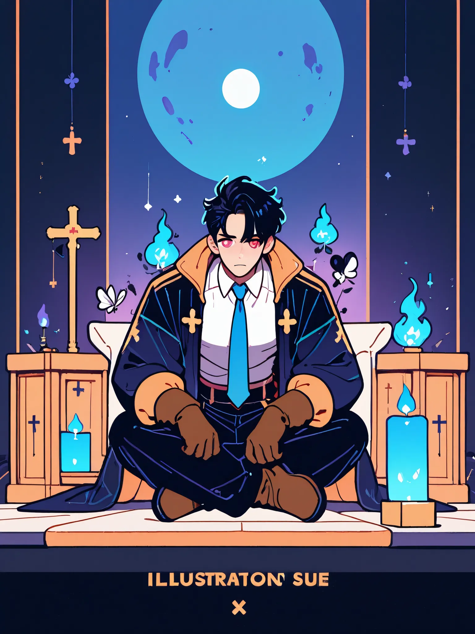 wearing ultra-detailed, high resolution, Unreasonable Results, HDR, masterpiece, 주슬회전 illustration, Scattered black hair, short hair, Two block, expressive red eyes, Bachifan, blue flame, sexy man, alone, best image quality, prince, seated cross-legged, bl...