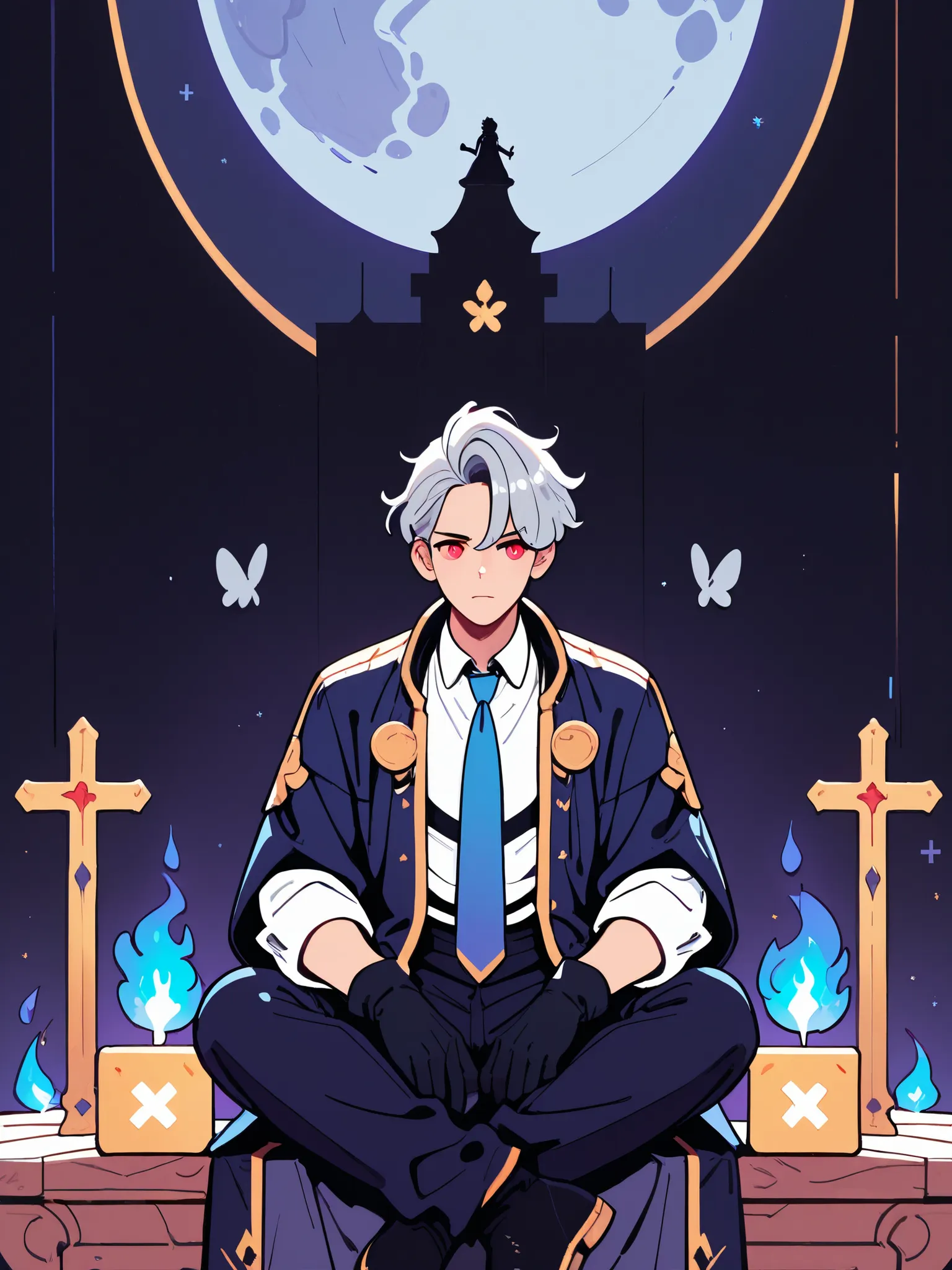 ultra-detailed, high resolution, unreasonable results, HDR, masterpiece, Scattered silver hair, short hair, Two block, expressive red eyes, Bachifan, blue flame, sexy man, alone, best image quality, prince, handsome, fantasy,  Magical, black gloves, Blue M...