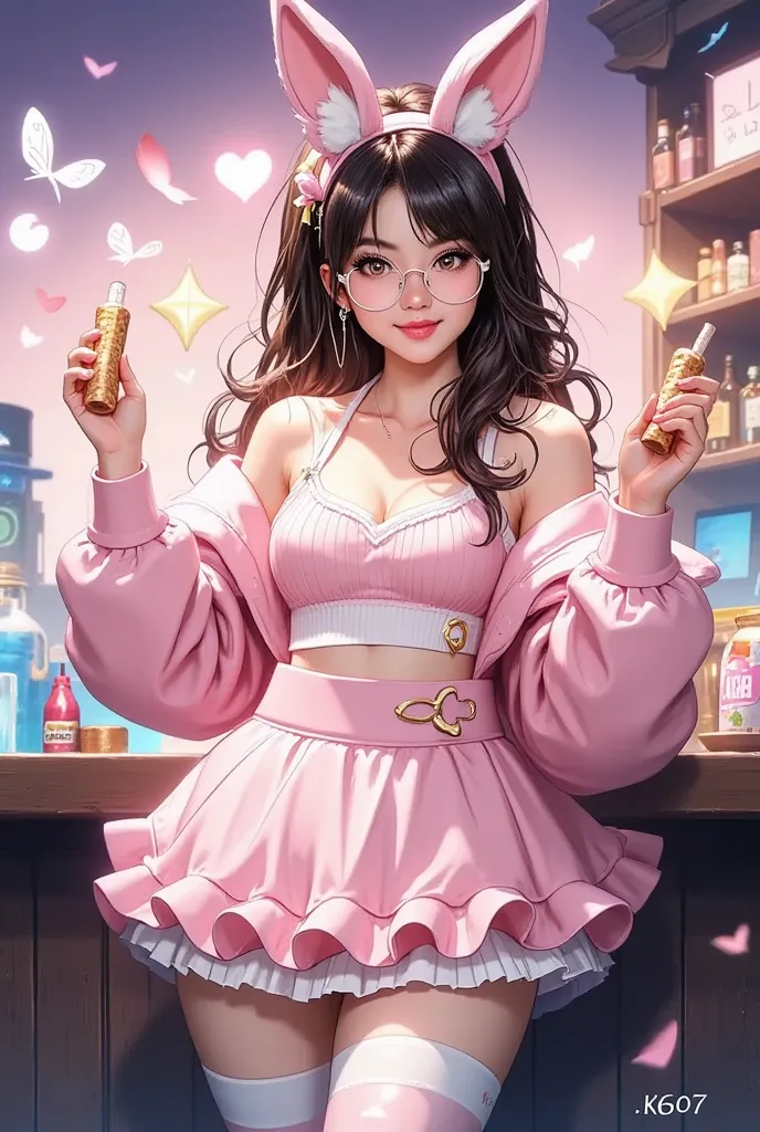 ((Highest Quality、masterpiece、high sensitivity、high definition、detailed depiction、Delicate Face Description、Ｆvalue：6.0),((Slender Woman、wearing glasses)),bunny girl、fluffy miniskirt、crackers with a popping smile、PARTY、Play、angles from above、