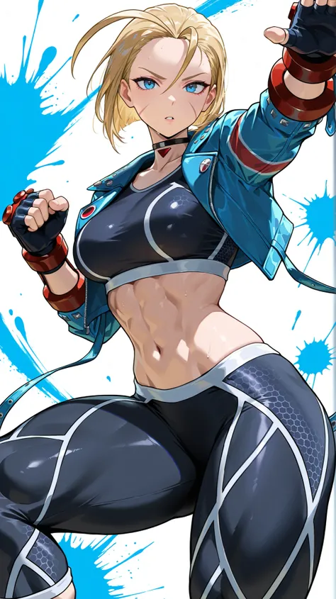 masterpiece, best quality, amazing quality, very aesthetic, absurdres, newest, volumetric lighting, detailed eyes. 
white background, vivid background, paint splash, 1girl, Cammy White (Street Fighter 6), CammyDGSF6, fighting pose, attack viewer, blonde ha...