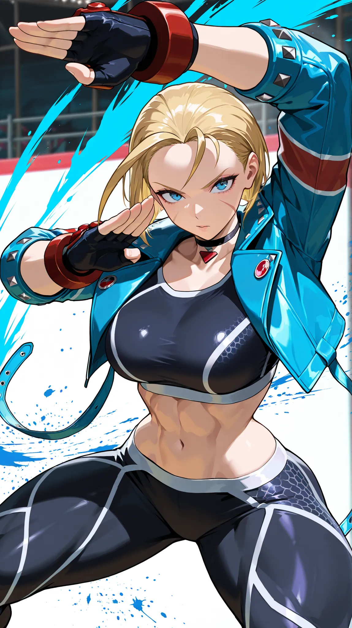 masterpiece, best quality, amazing quality, very aesthetic, absurdres, newest, volumetric lighting, detailed eyes.
white background, vivid background, paint splash, 1girl, Cammy White (Street Fighter 6), CammyDGSF6, fighting pose, attack viewer, blonde ha...