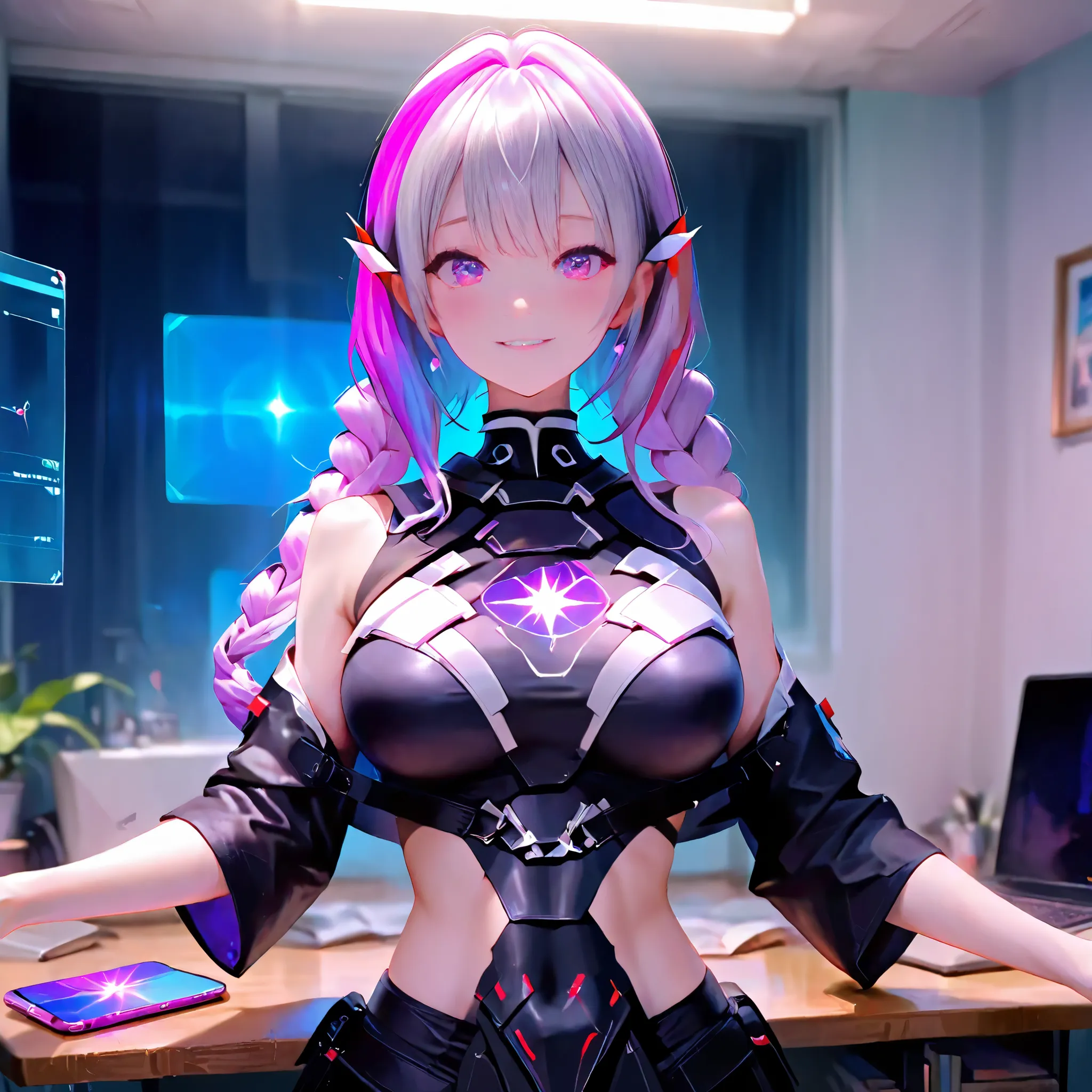 brightly colored anime-style illustrations。inside a stylish future room、girl（Hidden Princess）shows half of her body from the laptop screen、has a gentle smile full of confidence。
, her hand is drawing smart gestures in the air, and、digital light from that f...