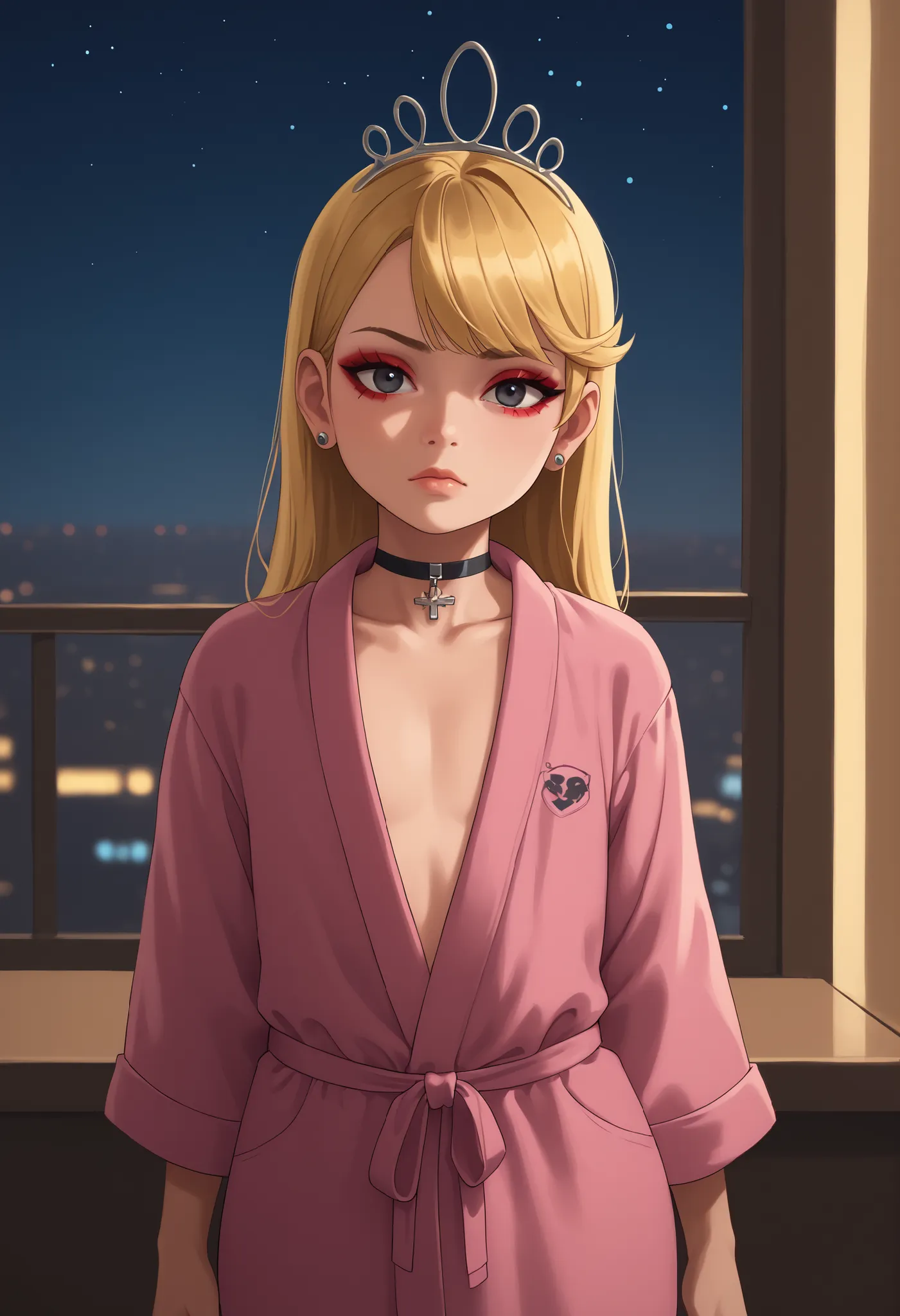 flat breasts. flat chest, skinny, huge hips, looking at viewer, 1o1a, blonde hair, tiara, Black eyes, earrings, necklace, choker. | Score 9, Score 8, Score 7, Score 6, Score 5, Score 4, Masterpiece, Superior Quality, Amazing Quality, Masterpiece, Maximum Q...