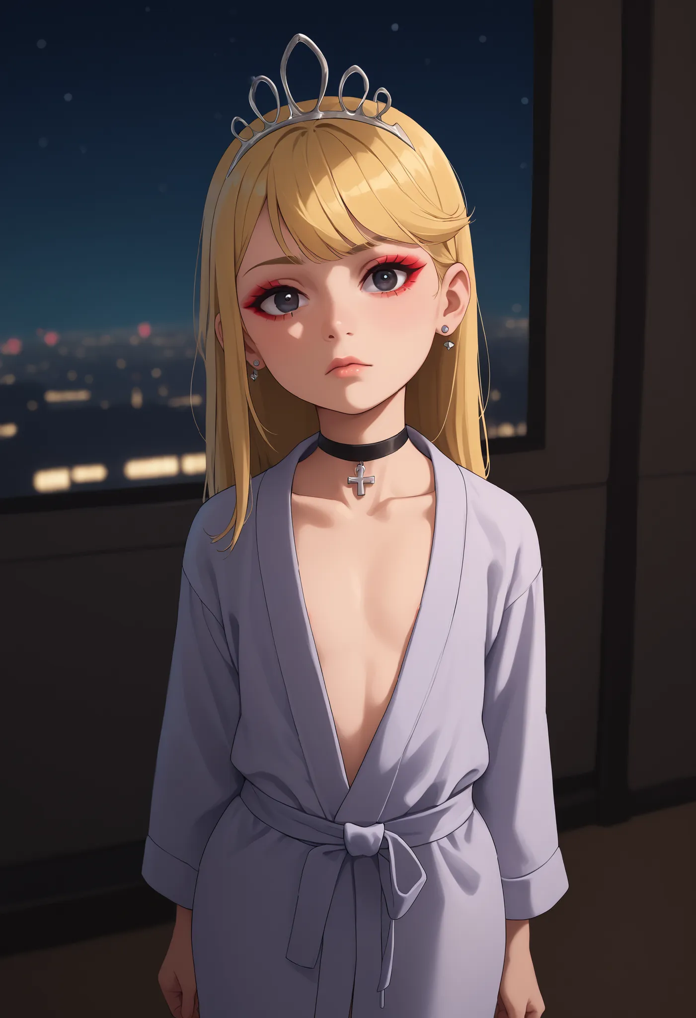 flat breasts. flat chest, skinny, huge hips, looking at viewer, 1o1a, blonde hair, tiara, Black eyes, earrings, necklace, choker. | Score 9, Score 8, Score 7, Score 6, Score 5, Score 4, Masterpiece, Superior Quality, Amazing Quality, Masterpiece, Maximum Q...