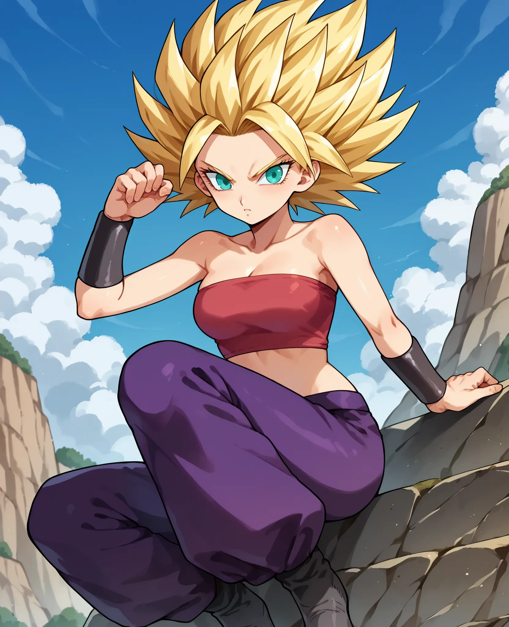 score_9, score_8_acima, score_7_acima, score_6_acima, origem_anime, 1 menina, Sozinho,   DEFCAL, cabelo preto, olhos negros, top tubo, barriga,  purple pants, clamps, sapatos pretos, decote, no ar, seios, voando, sapatos pretos, dynamic pose, looking at yo...