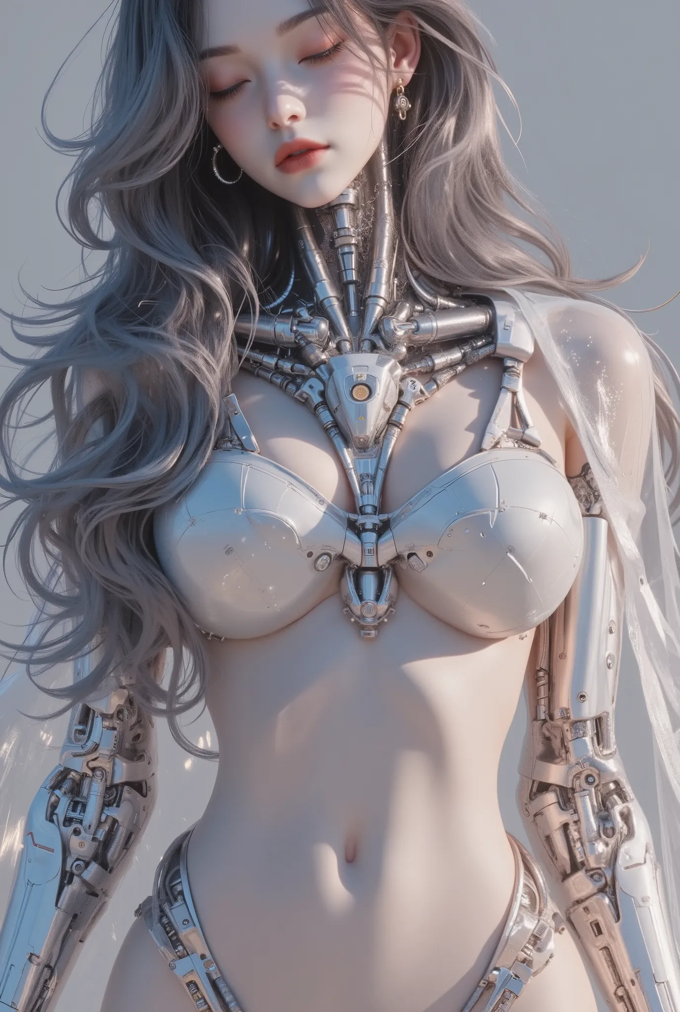 ((of the highest quality)), ((obra maestra)), (detalle:1.4), (((Translucent with mechanical parts and transparent skin++Aurora Material++、++Material de carbono gris++Beautiful woman in cybernetic suit made of))), Pale brightness with LEDs, ((pecho abierto)...