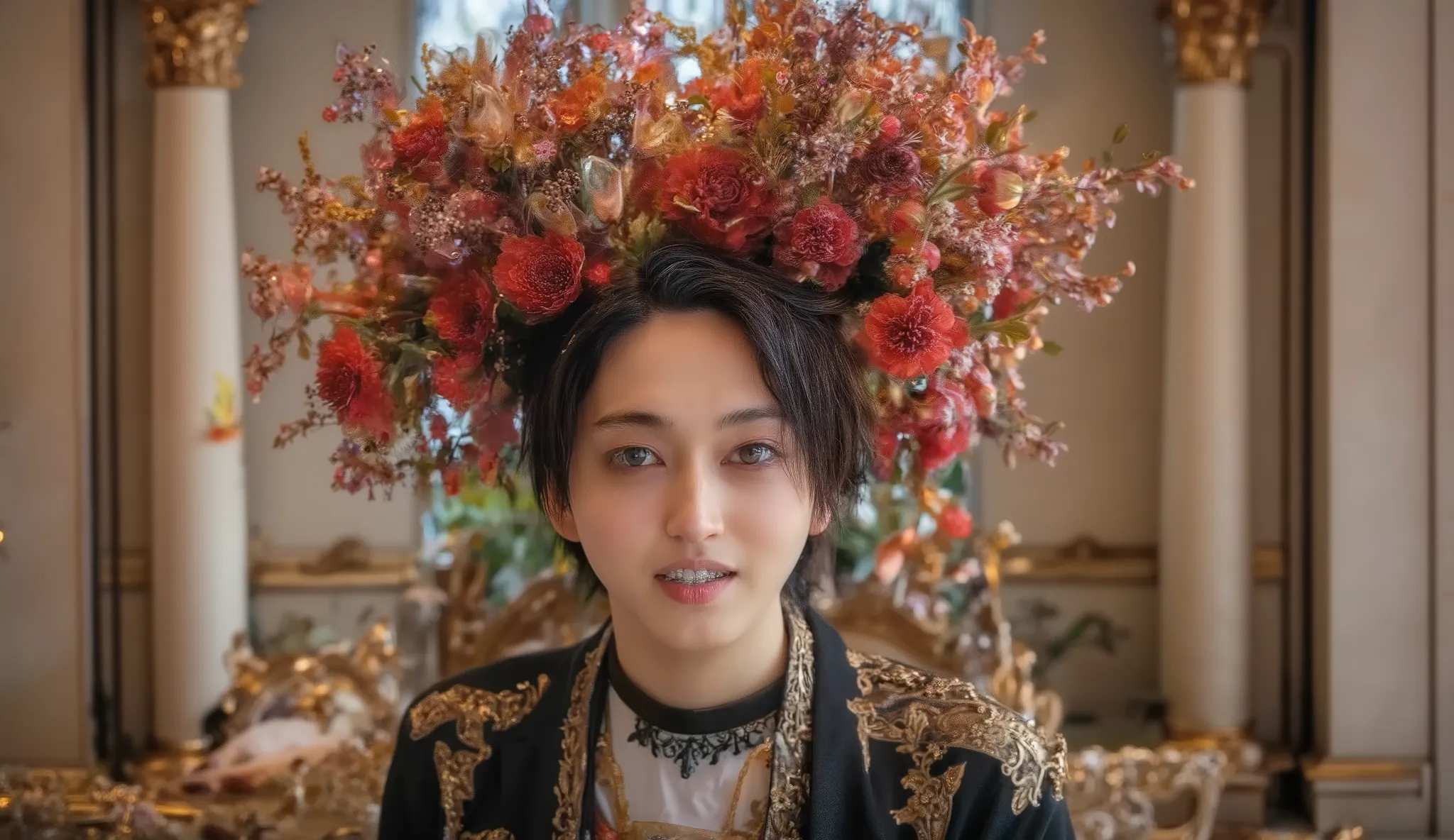 handsome man, blue eyes, luxurious and ornate aristocratic clothing and makeup, surrounded by lavish, glowing flowers around his face, majestic and dreamy fantasy background, ethereal, elegant, ultra high resolution