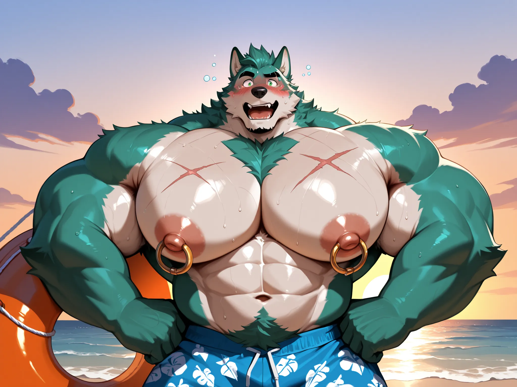score_9, score_8_up, score_7_up, (half body, very embarrassed, surprised, embarrassed, open mouth, hands on hips, green fur, holding a buoy), extremely wide chest, massive pectorals, beach shorts, underwear, bright skin, glistening skin, musky armpits, mus...