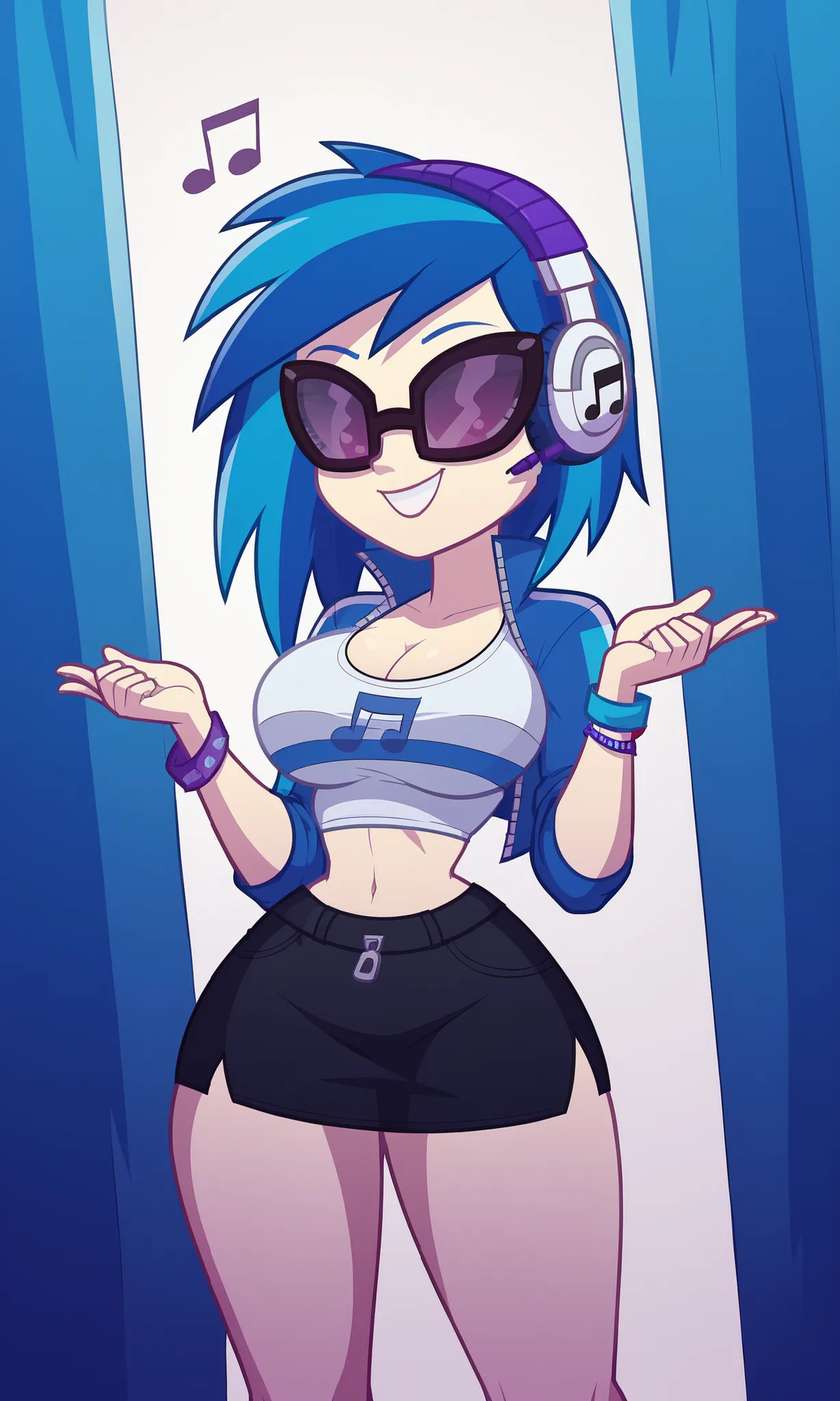 ((masterpiece, detailed image, soft skin, style_2d_chibi)), (Vinyl Scratch, (VinylScratch)1 girl, crop top, cleavage, huge breasts,, 1 girl, alone, headphones, sky_blue highlights, blue_hair, smile, black-framed glasses, purple-lensed glasses, music_note...
