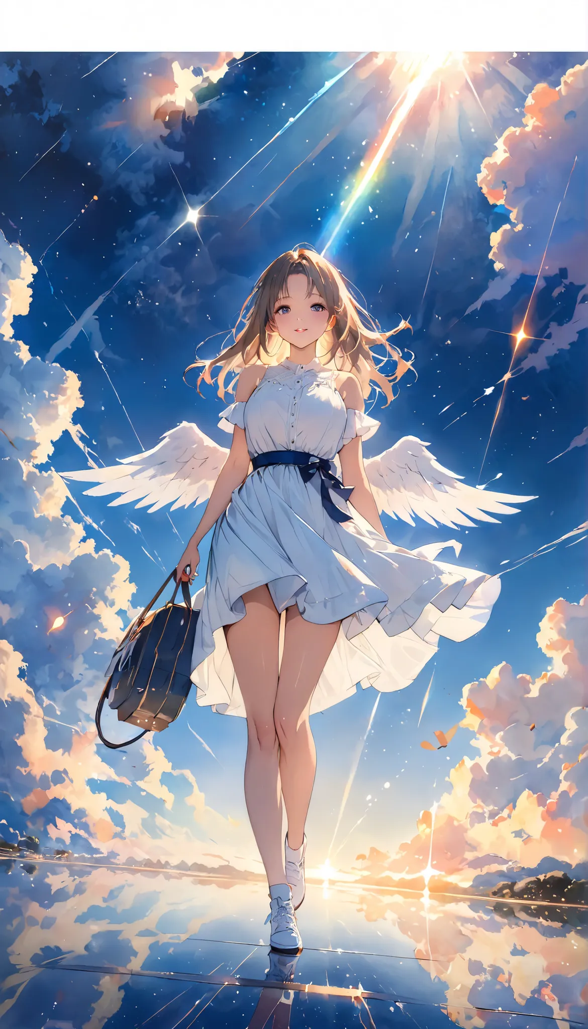 (watercolor style, Spectral Art) + majestic world above the clouds、パノラマViewが広がる + costume bag (View) + (The flow of particles of light + Subtle reflection) + (meteor blend + Scattered ) + (the light and shadows are clear + swaying dynamic ), A girl with a...