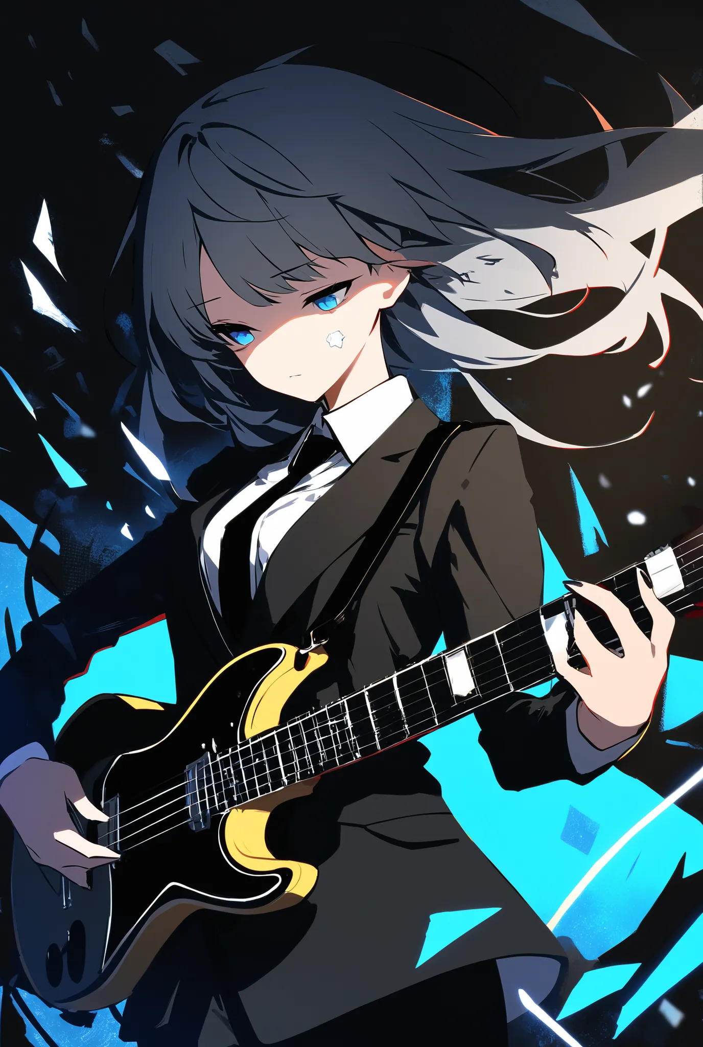 A person with long, flowing dark gray hair enhanced inside a turquoise gradient The hair features a small, distinctive blue accessory shaped like a device clipped near the ear. The individual is dressed in broken black suit, a tight black slacks and white ...