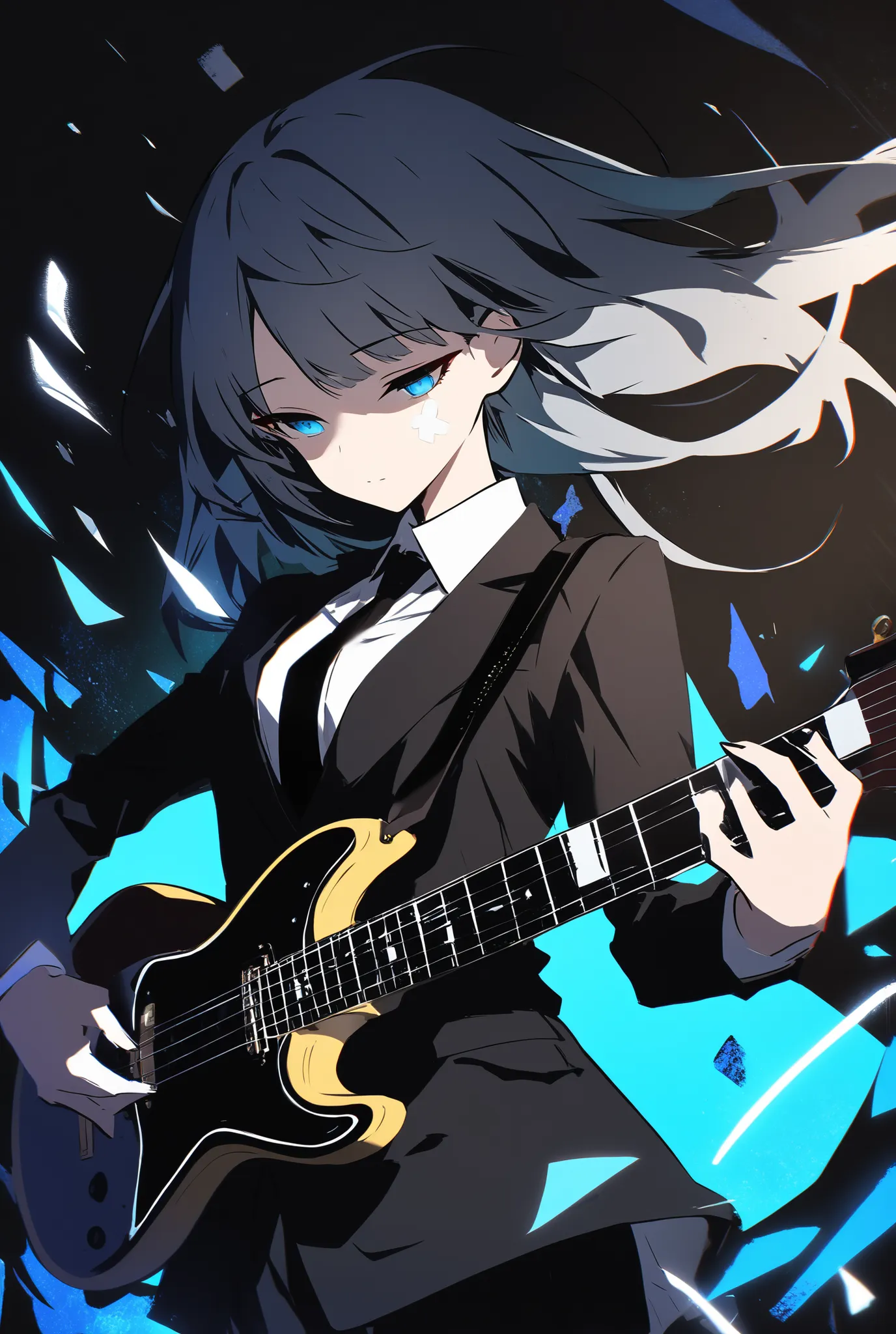 A person with long, flowing dark gray hair enhanced inside a turquoise gradient The hair features a small, distinctive blue accessory shaped like a device clipped near the ear. The individual is dressed in broken black suit, a tight black slacks and white ...
