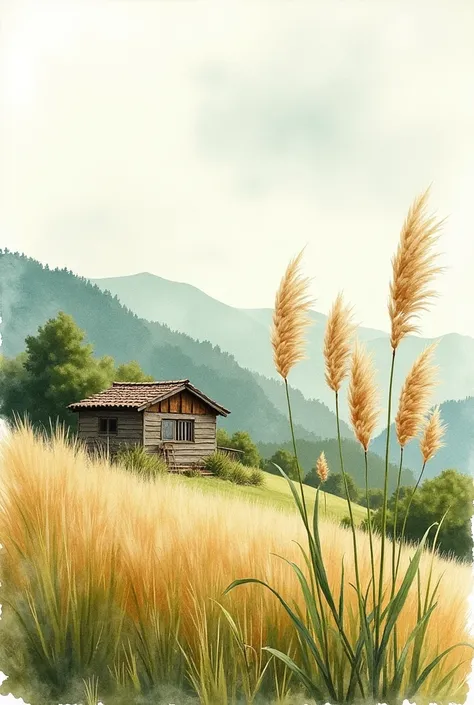 a postcard made with watercolors of a natural landscape with pampas plants horizontally that shows the house and that is more realistic