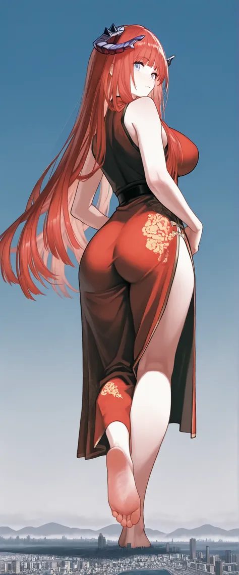 1 girl, woman seen from the front, bagpipe_arknights, giantess, Woman trampling the city, one leg raised, Soles, city, big ass, very long hair, China Dress, bare shoulders in bright red, sleeveless, Big Breasts, standing up picture, side slits in socks, Pl...