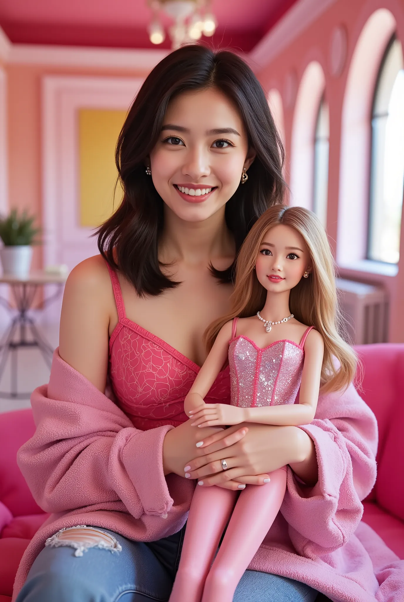 Create a realistic photograph of a young, beautiful woman with a slender figure and medium hair, dressed in Barbie fashion. She is smiling while holding a Barbie doll in a stylish, colorful room. The image should feature bright and vibrant colors, enhancin...