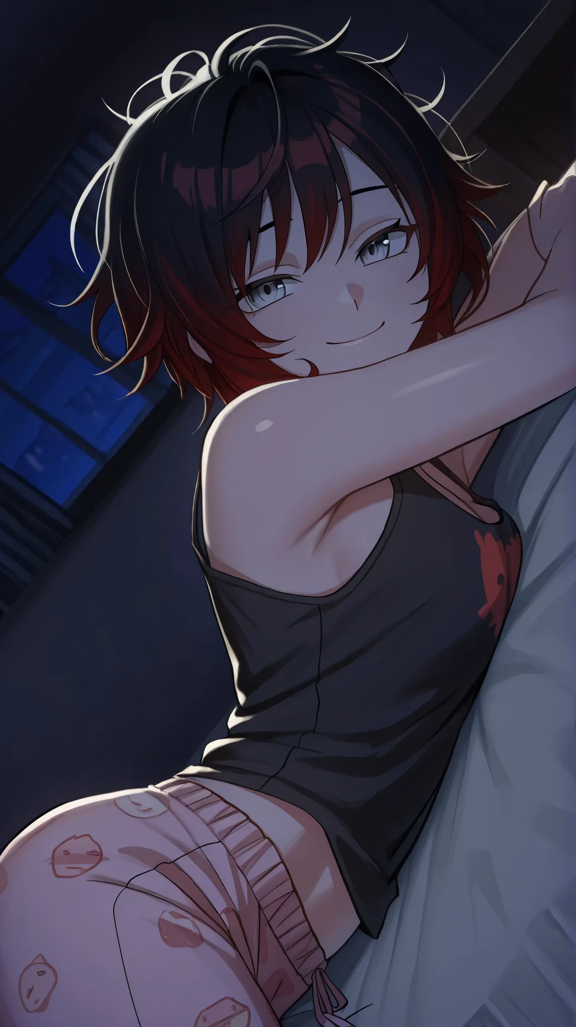 RubyR0se, 1girl, short hair, messy hair, black hair, red hair, two tone hair, gray eyes, Vol1Pajamas, pajamas, black tank top, pink pants, indoors, bedroom, large beed, laying on bed, laying on side bedside table, looking at viewer, satisfied tired smile, ...