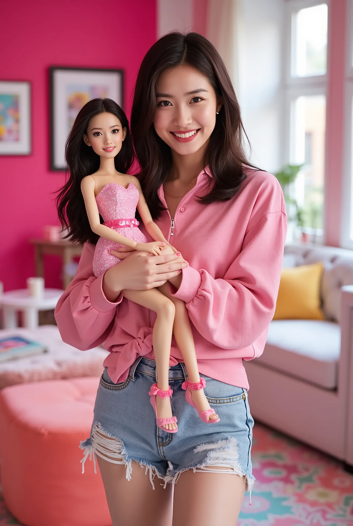 Create a realistic photograph of a young, beautiful woman with a slender figure and medium hair, dressed in Barbie fashion. She is smiling while holding a Barbie doll in a stylish, colorful room. The image should feature bright and vibrant colors, enhancin...