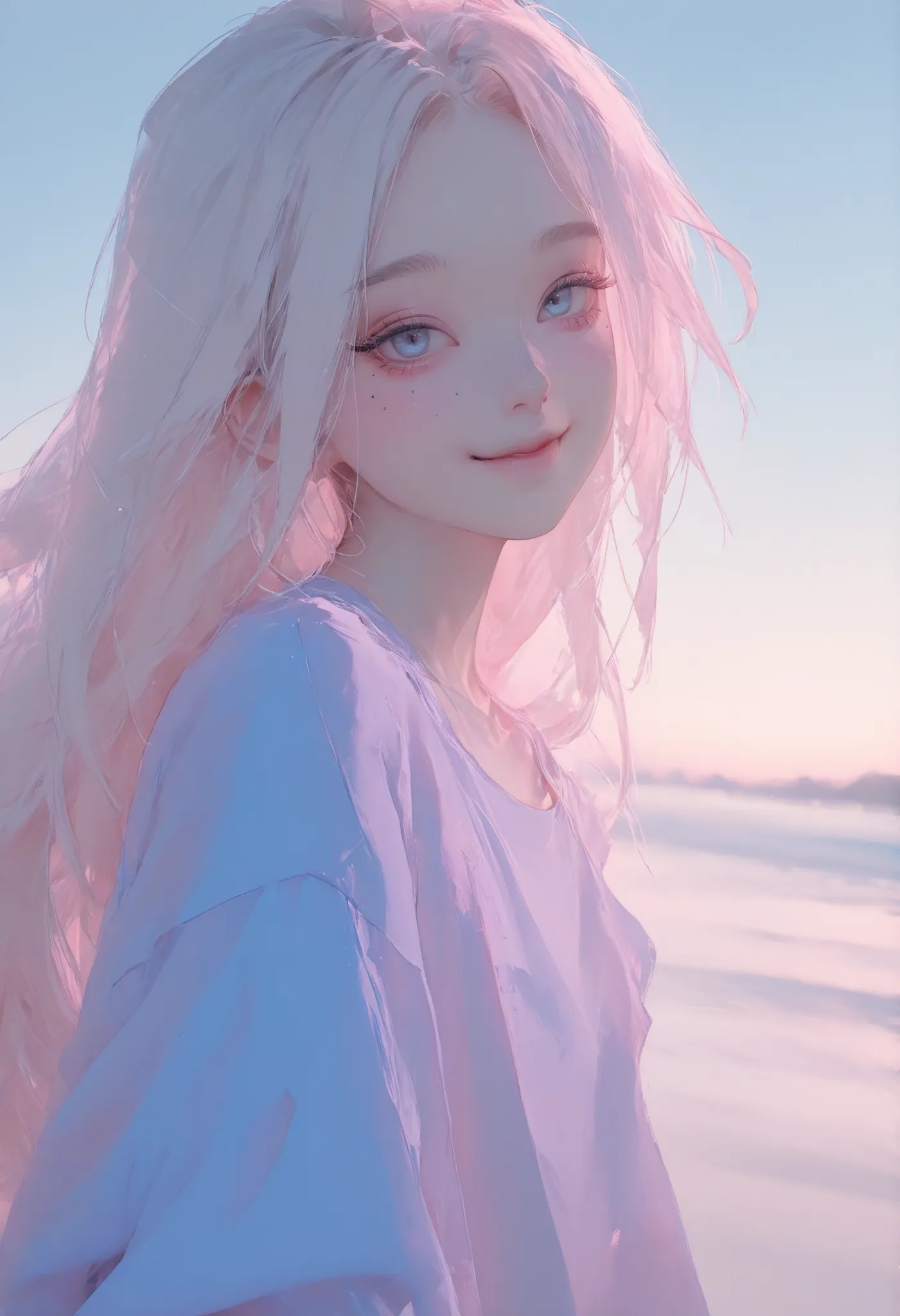 Close-up portrait, facing with viewer, solo, 1 girl, ((very young girl, )), cute, beautiful, very long straight white hair, blue eyes, wearing cute pale pink shirt, shiny skin, small mole under her eye, outdoor background, pose for pictures, dynamic light,...