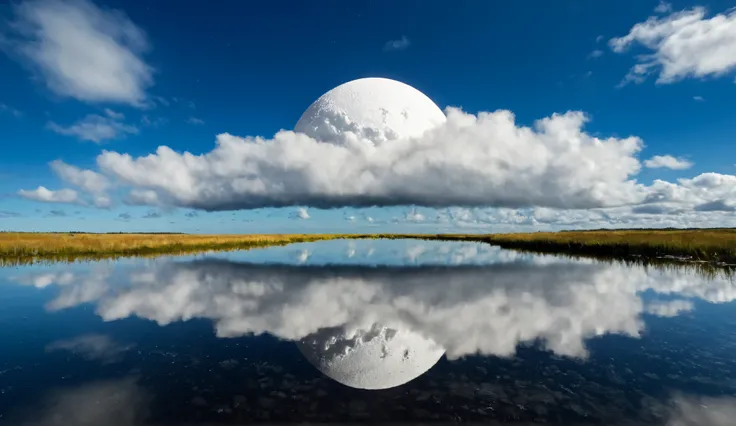 The horizon of a perfect salt marsh、cuts out a perfectly symmetrical world, The clear blue sky dyes the entire dome at 120% Saturation, clouds like marshmallows form an infinite cycle of ∞ symbols with real skies and specular reflections, The Letter 'Rain'...