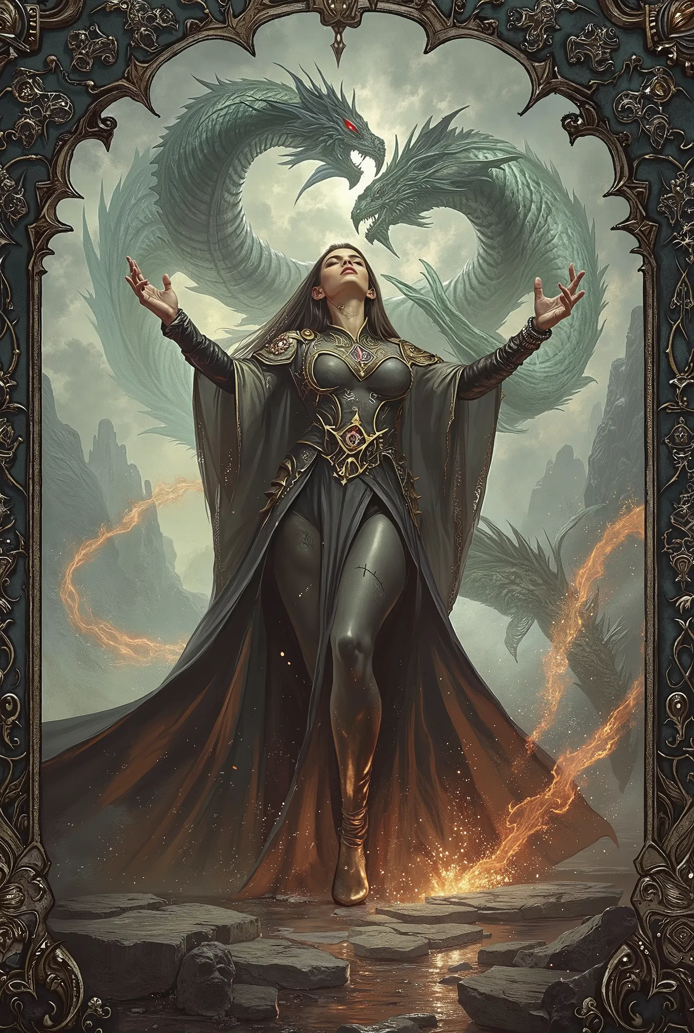 A powerful and elegant female sorceress casting a series of elemental spells, surrounded by swirling arcane energy, wearing flowing mystical robes adorned with ancient runes, glowing eyes, set in a fantastical high-fantasy landscape, detailed art style sim...