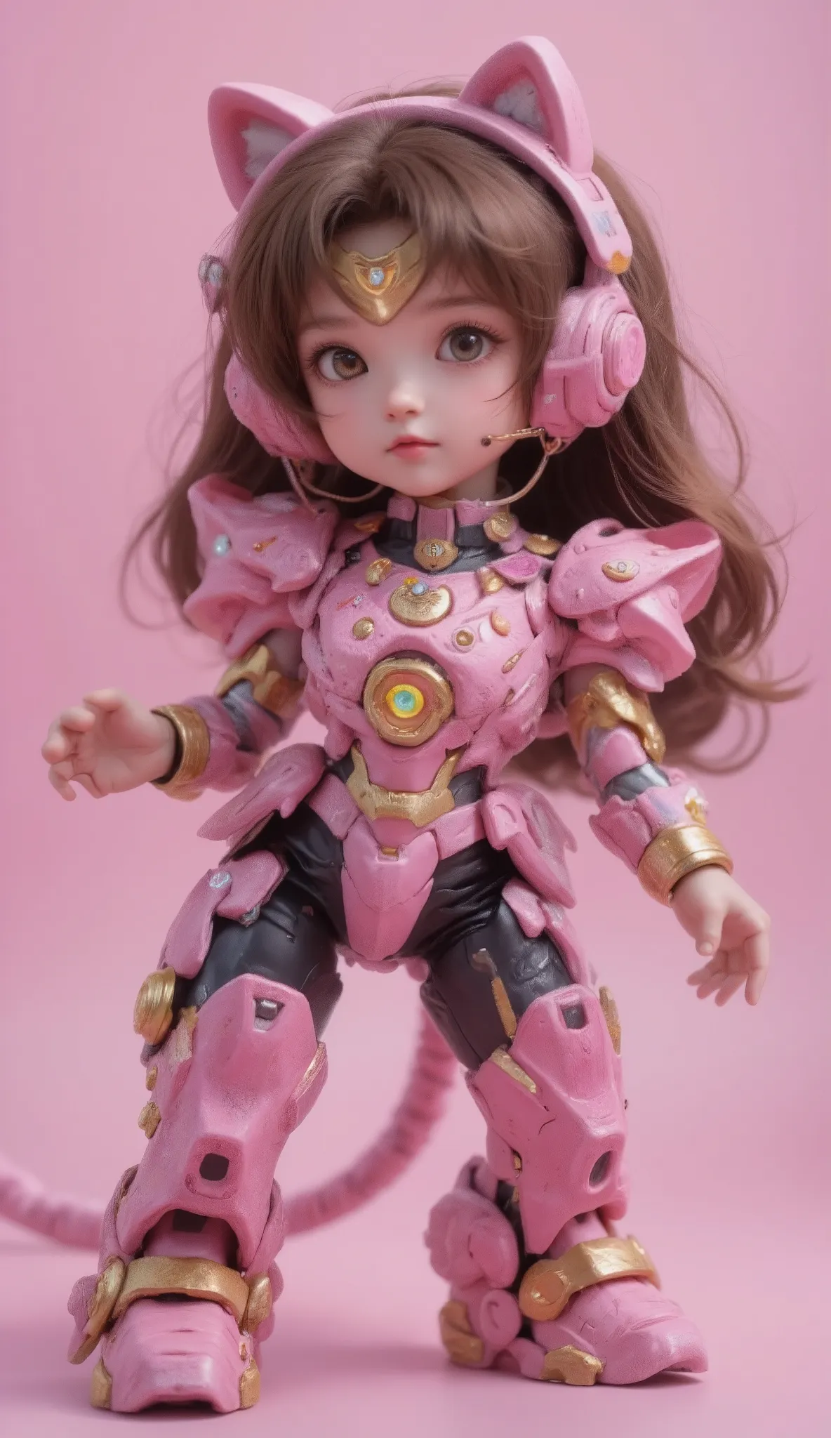 cute girly robot sailormoon, brown long hair, colorful flower golden pattern on pink body, headset ear cat's, armed with heavy weapons on body, kawaii mood, Joints and gaps glowing pink. Riding the cheetah.hardcore machine. newest anime style,cute pop simp...