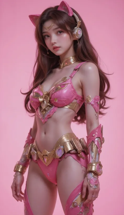 cute girly robot sailormoon, brown long hair, colorful flower golden pattern on pink body, headset ear cat's, armed with heavy weapons on body, kawaii mood, Joints and gaps glowing pink. Riding the cheetah.hardcore machine. newest anime style,cute pop simp...