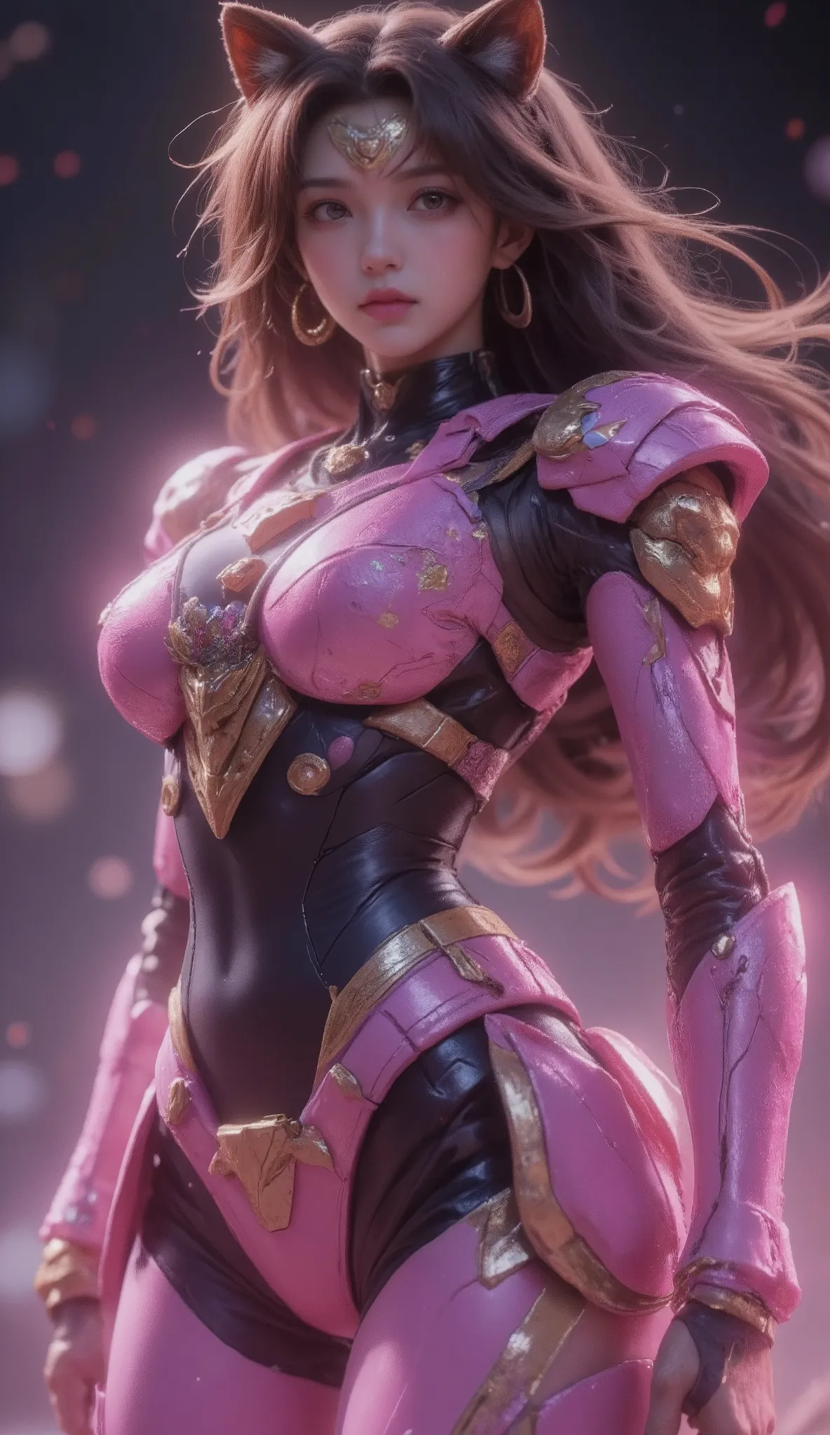 cute girly robot sailormoon, brown long hair, colorful flower golden pattern on pink body, headset ear cat's, armed with heavy weapons on body, kawaii mood, Joints and gaps glowing pink. Riding the cheetah.hardcore machine. newest anime style,cute pop simp...