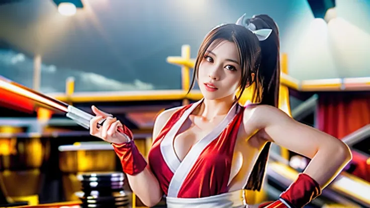 Mai Shiranui, mulher japonesa, long brown hair, rosto bonito,  expression would be, detalhes precisos, 4k, HDR, Ultra Detalhado, fotorealista, studio lighting, cores vibrantes, artstation. Corpo inteiro. Empty and gray scenery.