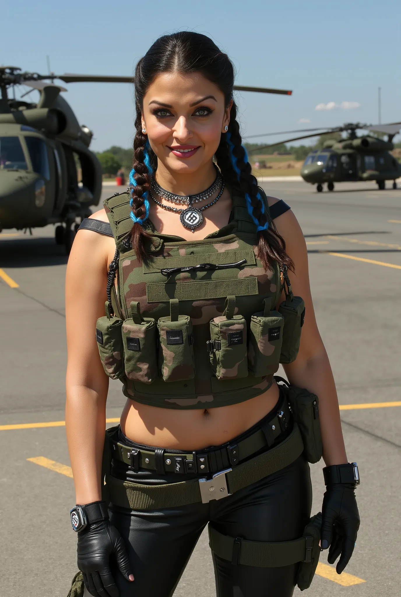 Full body photo of 50YO MATURE MILF AISHWARYA RAI as a SEXY ARMY MILF COMMANDO, WEARING FULL (((((TIGHT BLACK LEATHER PANTS AND BRA)) EXPOSING BIG BREASTS WITH MASSIVE CLEAVAGE AND MID RIFF))), ((((DARK SMOKY EYE MAKEUP WITH ARCHED EYEBROWS AND NAZI SWASTI...
