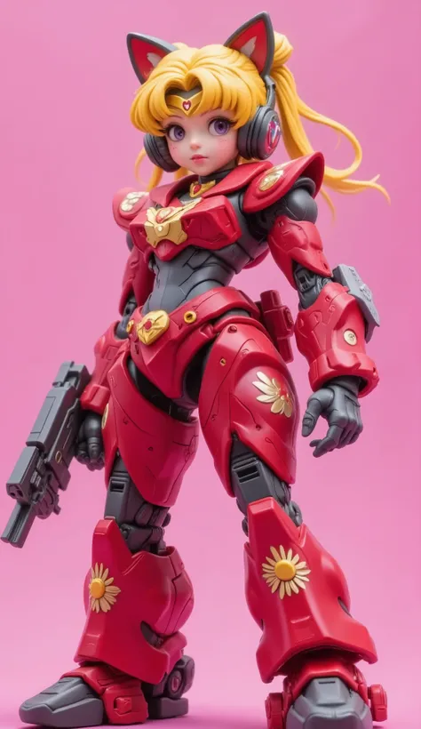 cute girly robot sailormoon, colorful flower golden pattern on red body, headset ear cat's, armed with heavy weapons on body, kawaii mood, Joints and gaps glowing red. Riding the mecha leopard.hardcore machine. newest anime style,cute pop simple background...