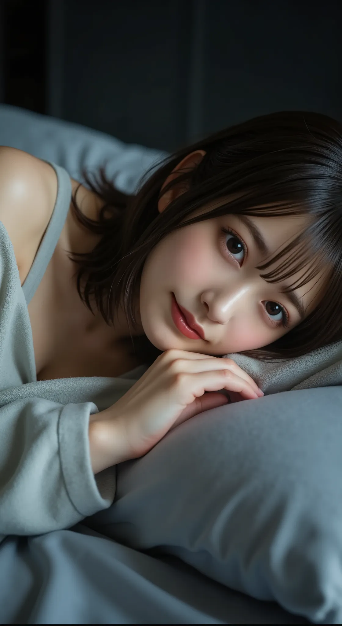 full body shot、lying on the bed、Waking up、(8k, RAW Photo, Highest Quality, high definition: 1.1), (ultra realistic: 1.4), (realistic, realistic: 1.3), Japanese Beauty, pajamas, ((upper body: 1.3)) high definition, realistic image of a Japanese woman with ...