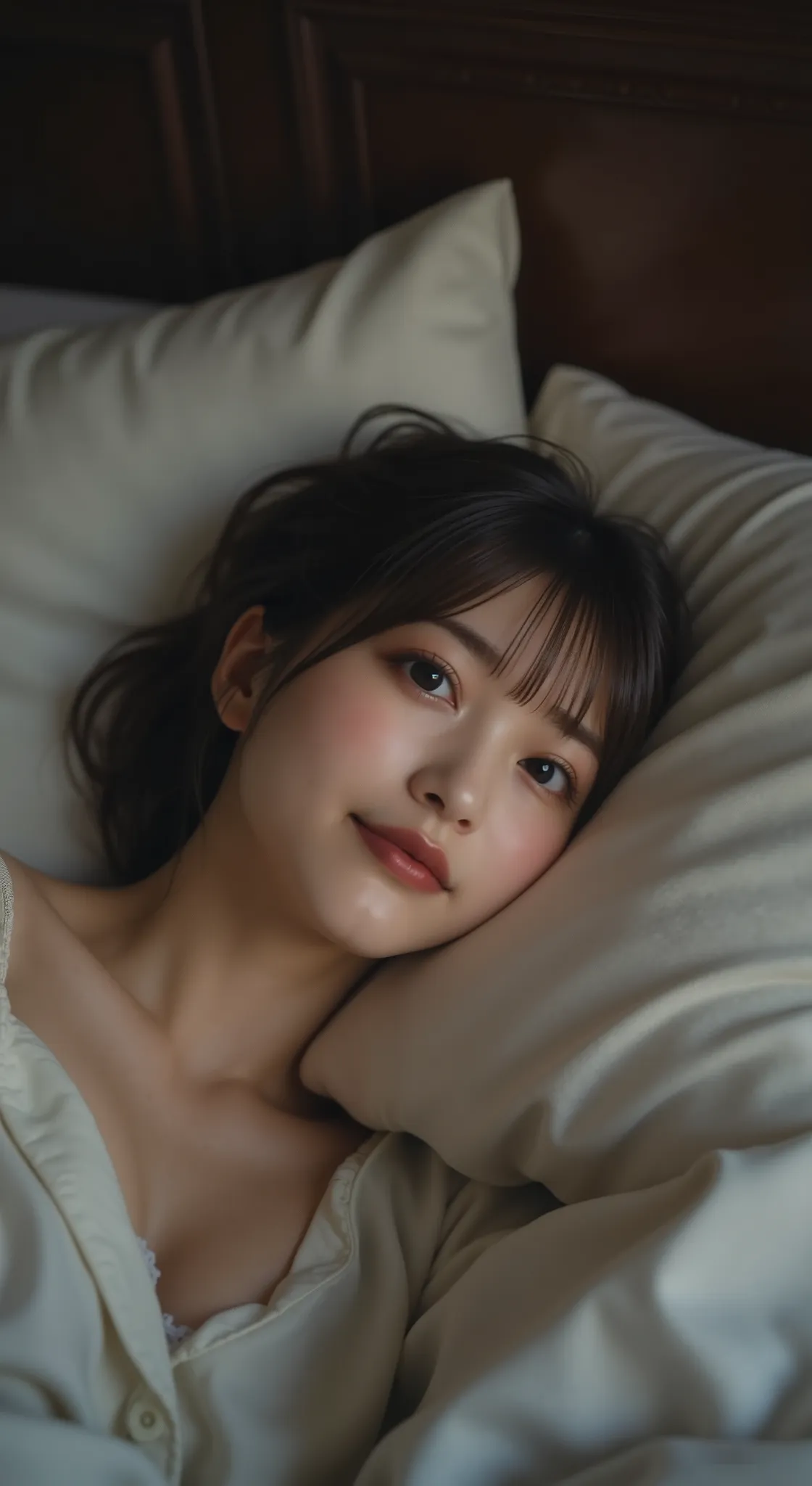 full body shot、lying on the bed、Waking up、(8k, RAW Photo, Highest Quality, high definition: 1.1), (ultra realistic: 1.4), (realistic, realistic: 1.3), Japanese Beauty, pajamas, ((upper body: 1.3)) high definition, realistic image of a Japanese woman with ...
