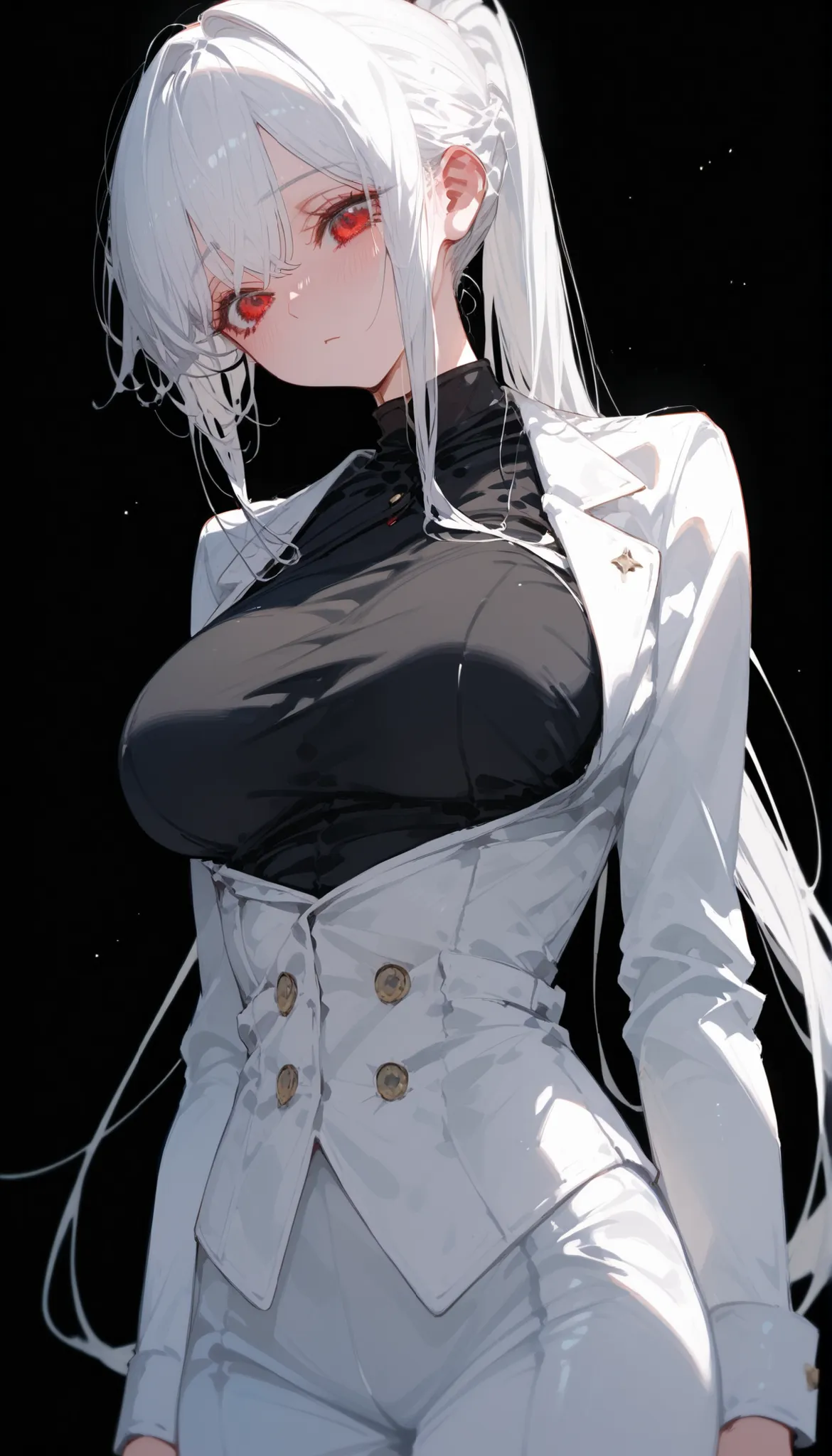 girl,white,white hair,in red eyes,cute,long hair,slim,long hair,pigtail,Milf, ,Big breasts,standing up,White suit,black background,eyelash ,shy,Shy,Big Breasts, ponytail,Black Shirt,