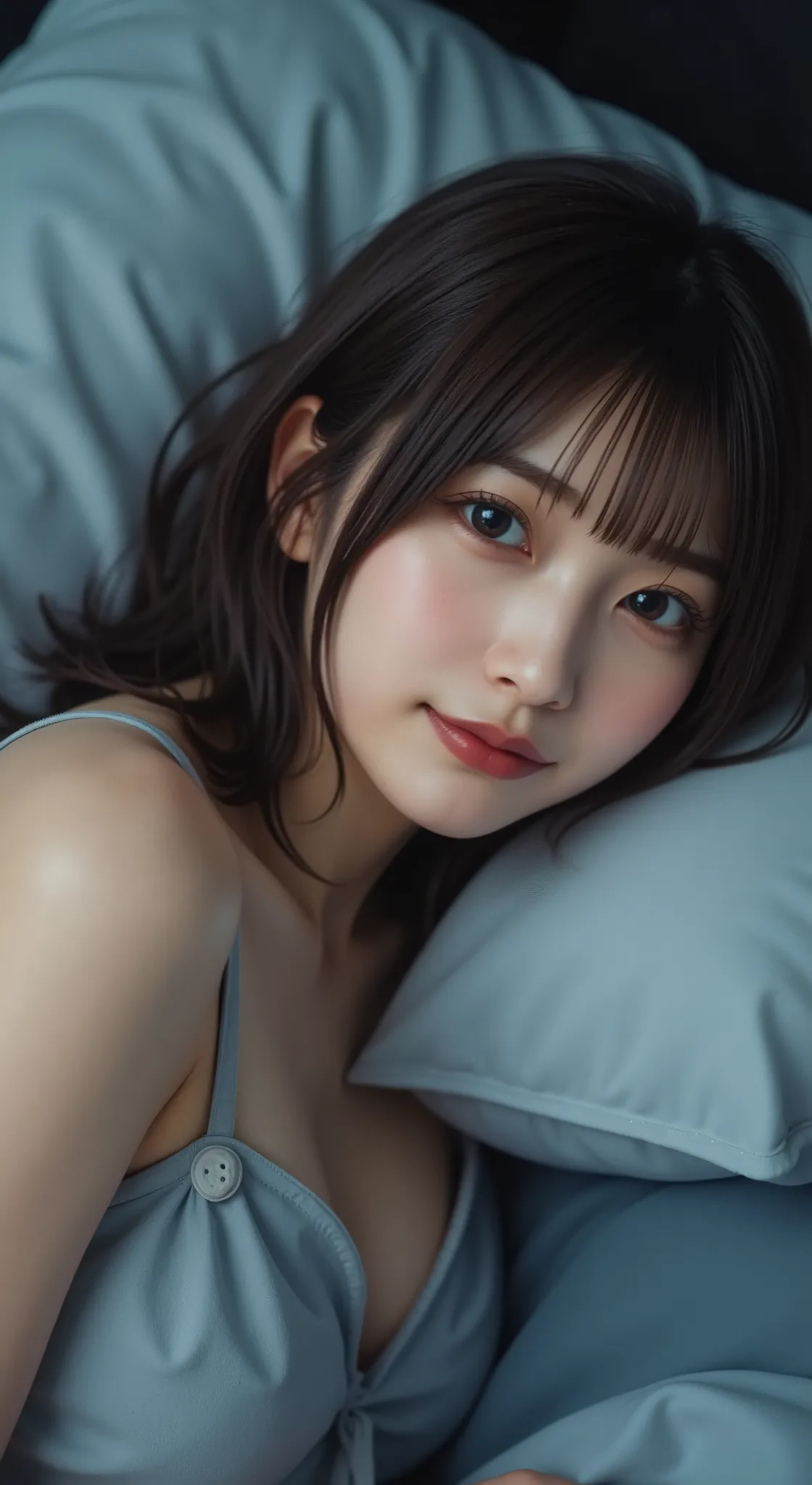 full body shot、lying on the bed、Waking up、(8k, RAW Photo, Highest Quality, high definition: 1.1), (ultra realistic: 1.4), (realistic, realistic: 1.3), Japanese Beauty, pajamas, ((upper body: 1.3)) high definition, realistic image of a Japanese woman with ...