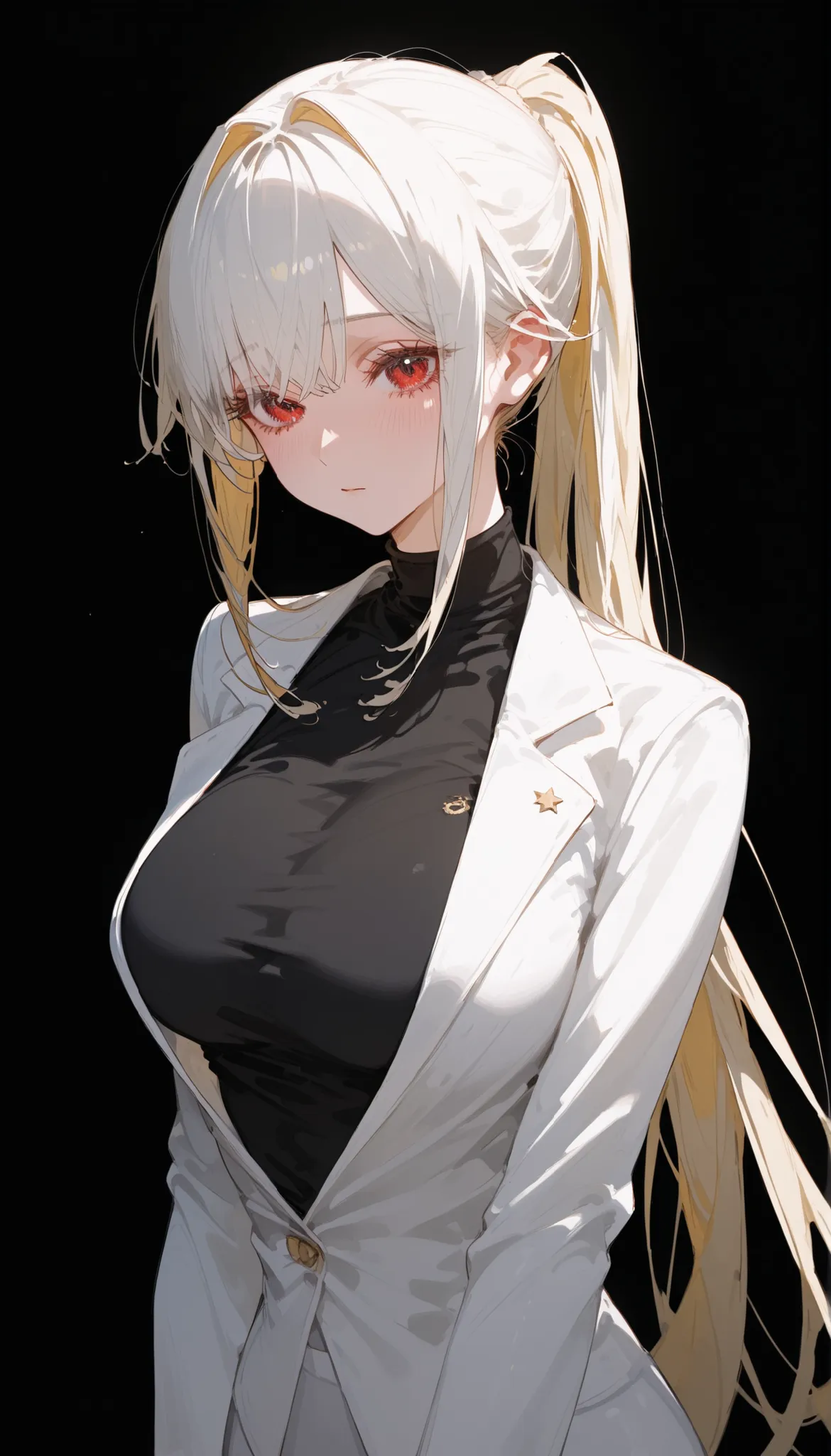 girl,white,golden hair,in red eyes,cute,long hair,slim,long hair,pigtail,Milf, ,Big breasts,standing up,White suit,black background,eyelash ,shy,Shy,Big Breasts, ponytail,Black Shirt,white hair, two tone hair