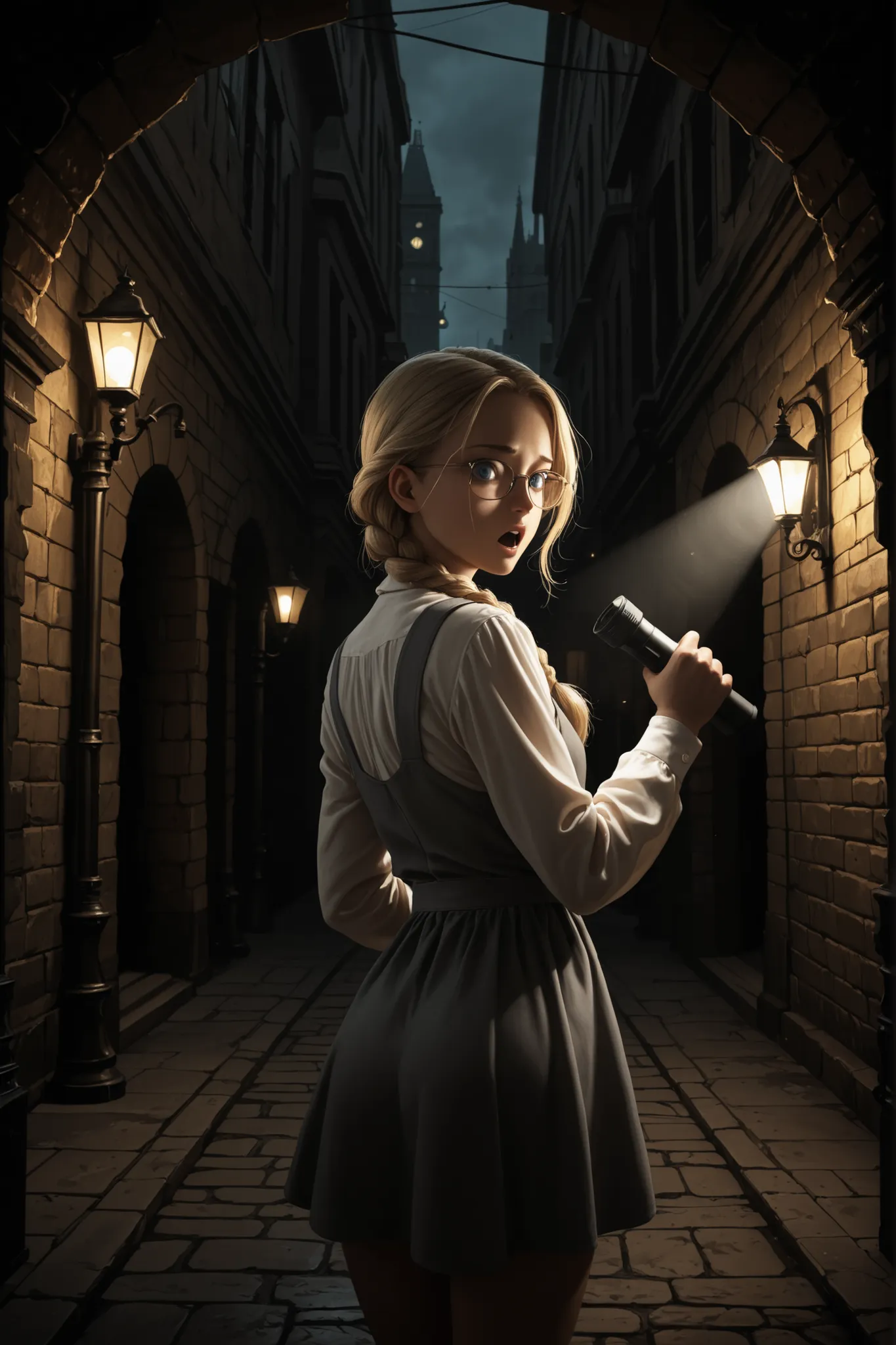 (vintage art, illustration, masterpiece), absurdres,best quality,amazing quality, dark, subterranean underground city, london, street, buildings, lamppost, solo, cowboy shot, from behind, young girl, fair skin, blonde hair, single_braid, looking back, perf...