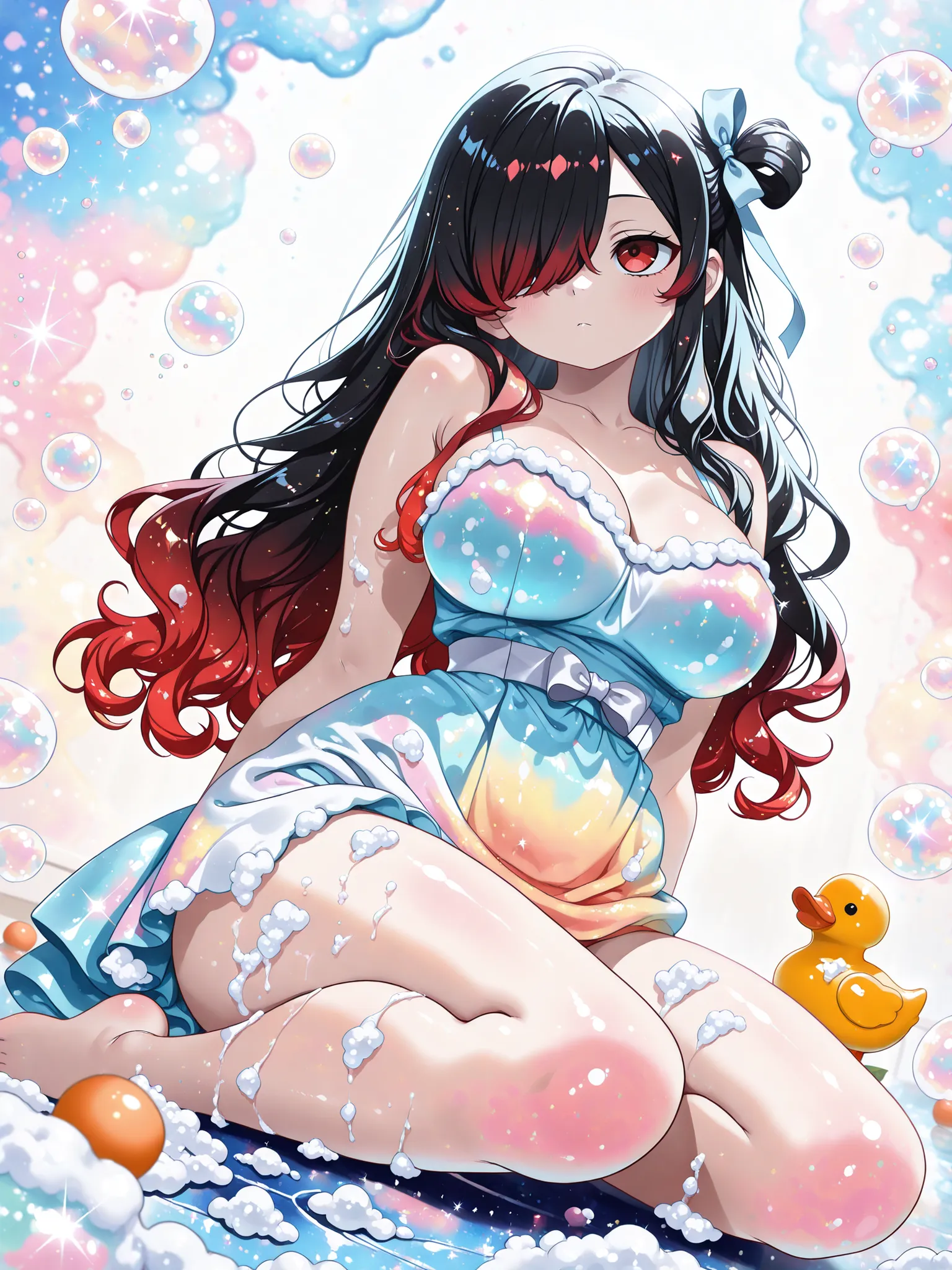 wide shot,full body 1 girl, Kuroki Monika, red eyes, gradient hair, black hair, red hair, long hair, asymmetrical hairline, hair over right eye, ((large breasts)), (petite but curvy), very cute, lovely , (side tail), wavy hair,sundress,spread skirt,bare le...