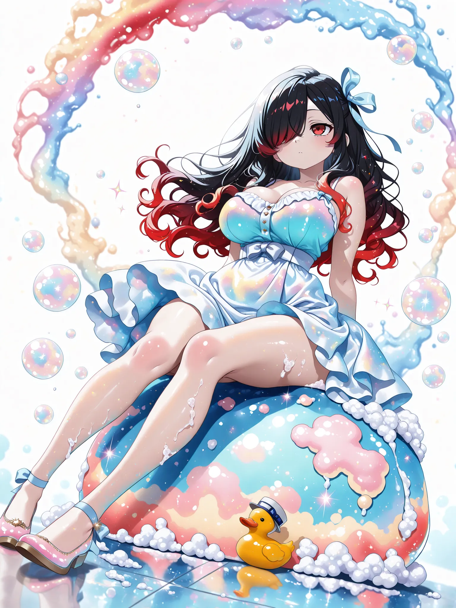 wide shot,full body 1 girl, Kuroki Monika, red eyes, gradient hair, black hair, red hair, long hair, asymmetrical hairline, hair over right eye, ((large breasts)), (petite but curvy), very cute, lovely , (side tail), wavy hair,sundress,spread skirt,bare le...