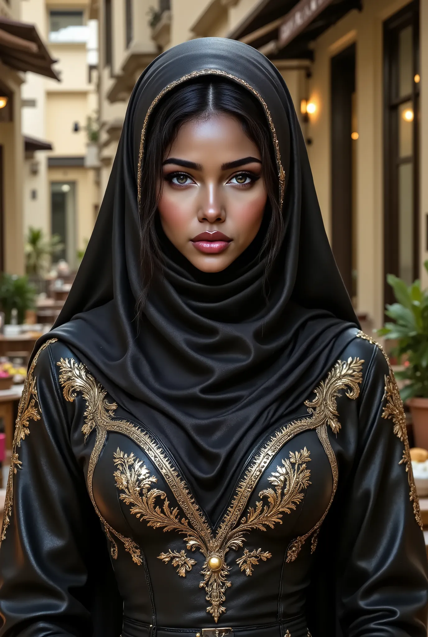 gorgeous woman, professional, (4k photo) by (Jeremy Lipking:0.3), (Dittmann Anna:0.3), (Arian Mark:0.3), (Sharp focus:1.3), (beautiful woman:1.3), wearing (leather hijab, leather abaya with intricate gold details:1.2), perfect make-up, striking, mesmerizin...
