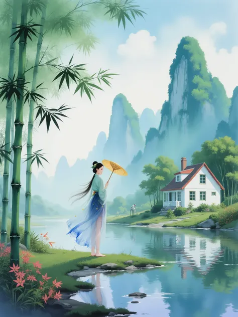 a small village by the river，Mountains in the background，Flowers in bloom，brightly colored， Detailed Scenery ， Beautiful natural landscape ，Mood lighting，Scorching sunset，Warm colors， Detailed Leaves，Complex buildings，highly detailed， Charming country hous...
