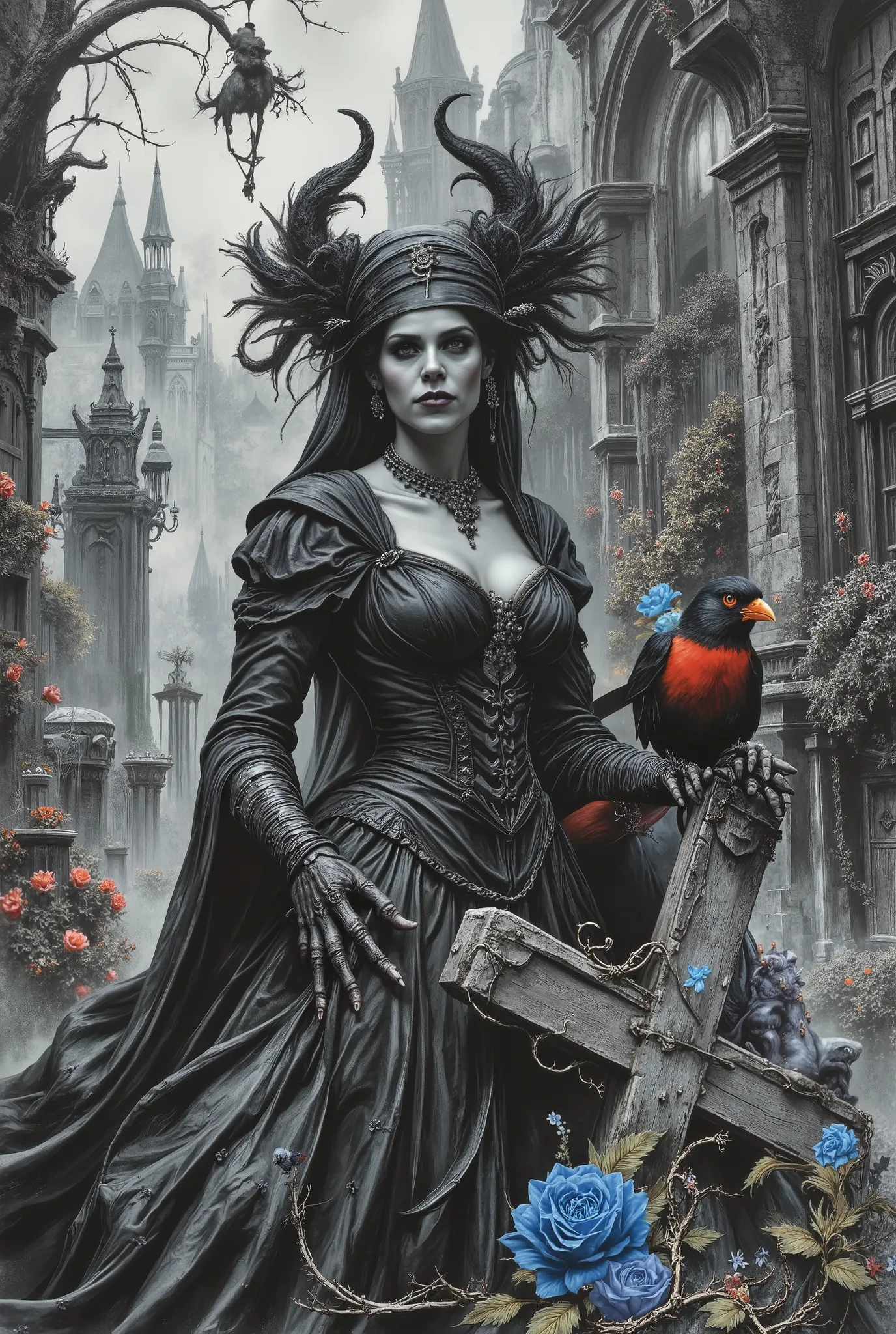 Sexy horror black and white watercolor pencil drawing of a beautiful sexy, hot, big , bodybuilder, athletic Victorian widow and her skeleton bodybuilder ghost husband in Dracula outfit, widow outfit, Victorian widow hat holding a small blue rose, Victorian...